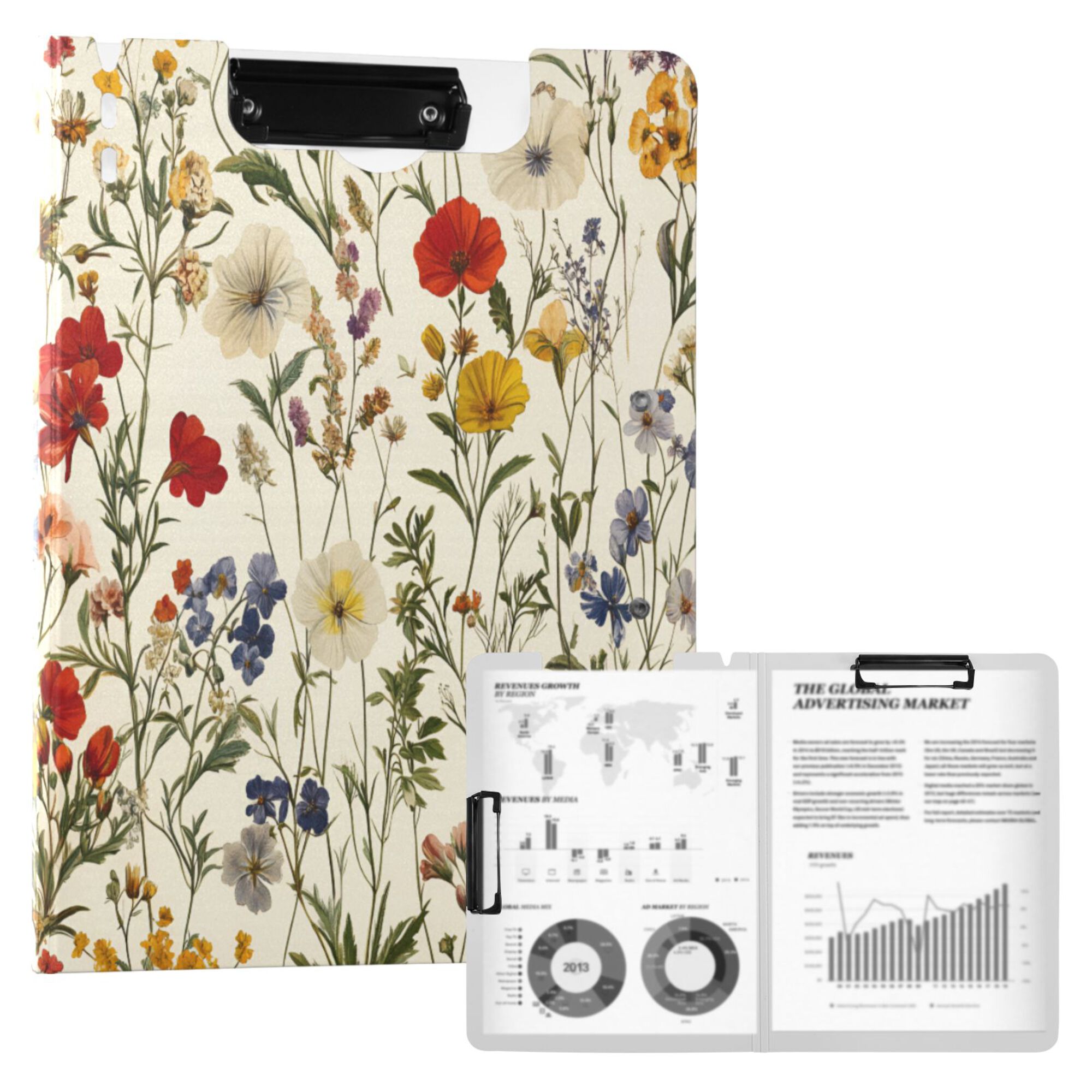 FORMRS A4 Clipboard Folder with Pen Holder Horizontal Foldable School Office Binder, Beige Floral