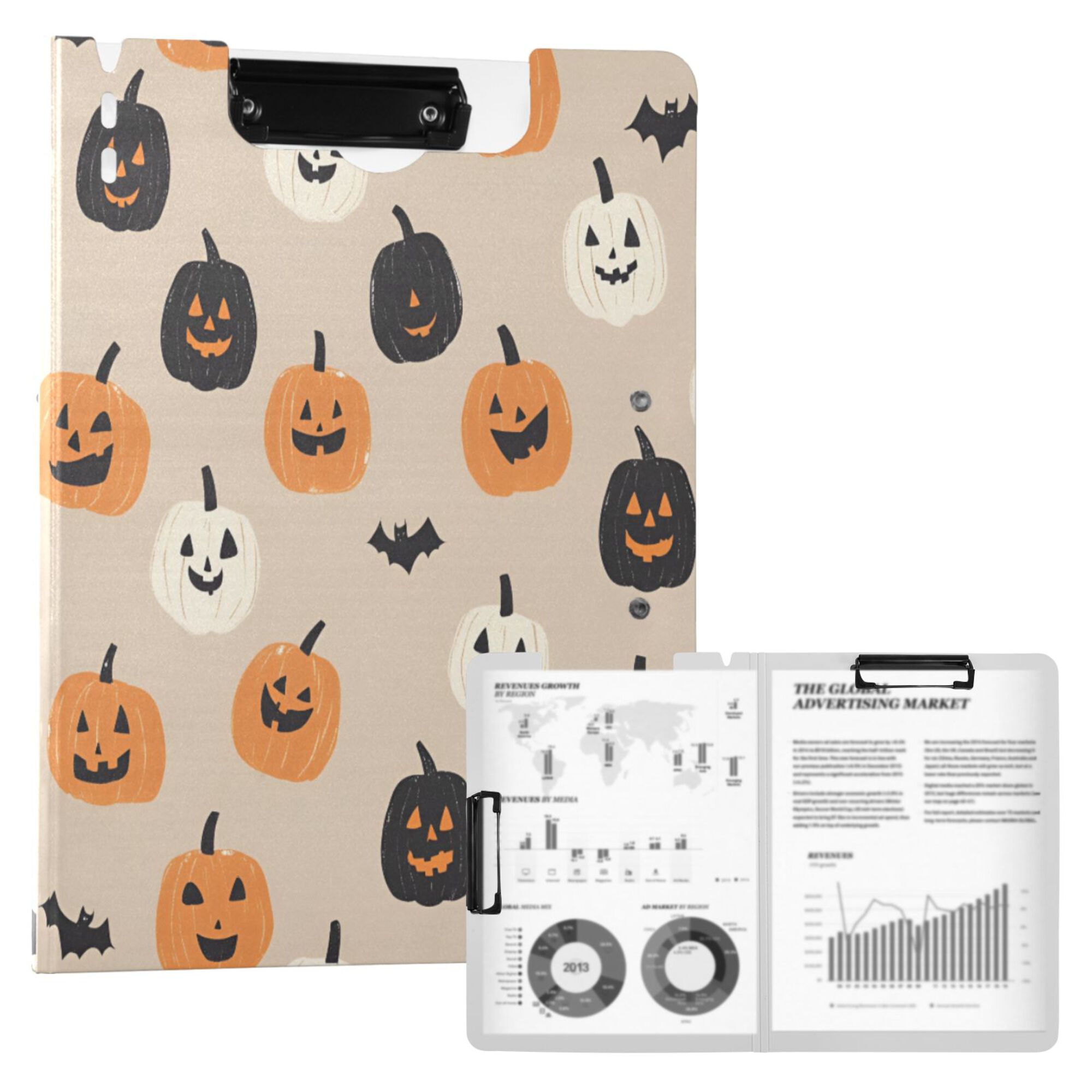 FORMRS A4 Clipboard Folder with Pen Holder Horizontal Foldable School Office Binder, Beige Halloween Pumpkin