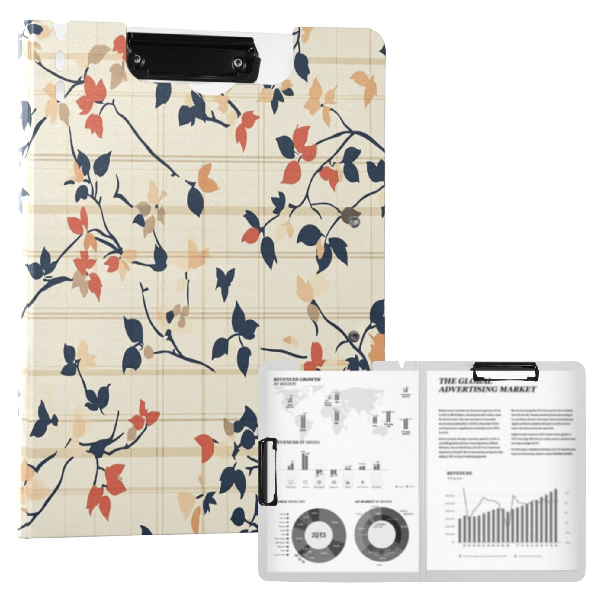 FORMRS A4 Clipboard Folder with Pen Holder Horizontal Foldable School Office Binder, Beige Leaves Plaid