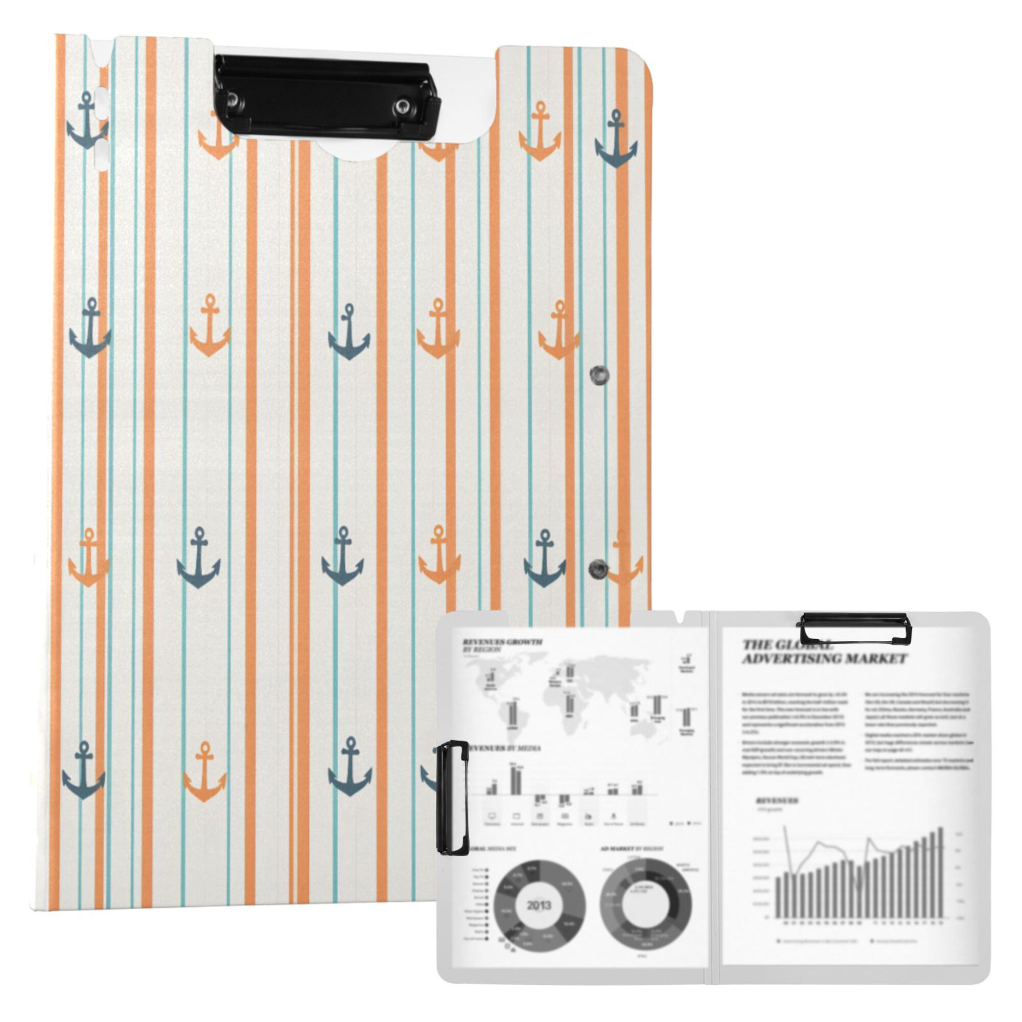 FORMRS A4 Clipboard Folder with Pen Holder Horizontal Foldable School Office Binder, Beige Nautical Pattern