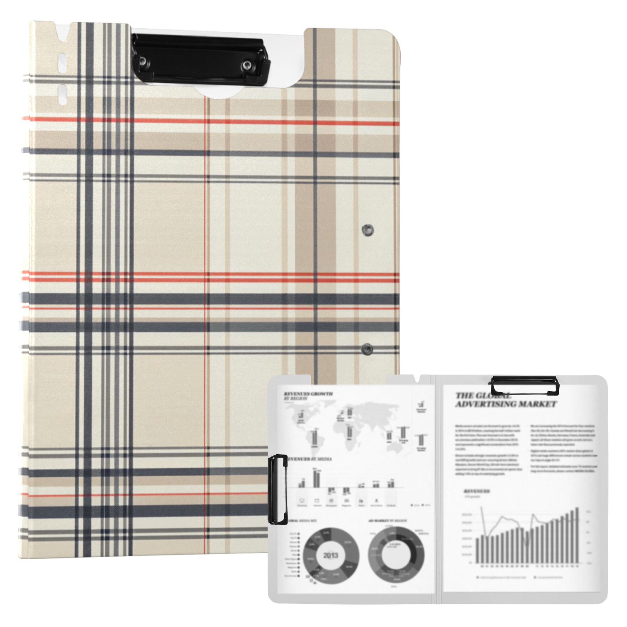 FORMRS A4 Clipboard Folder with Pen Holder Horizontal Foldable School Office Binder, Beige Plaid Pattern