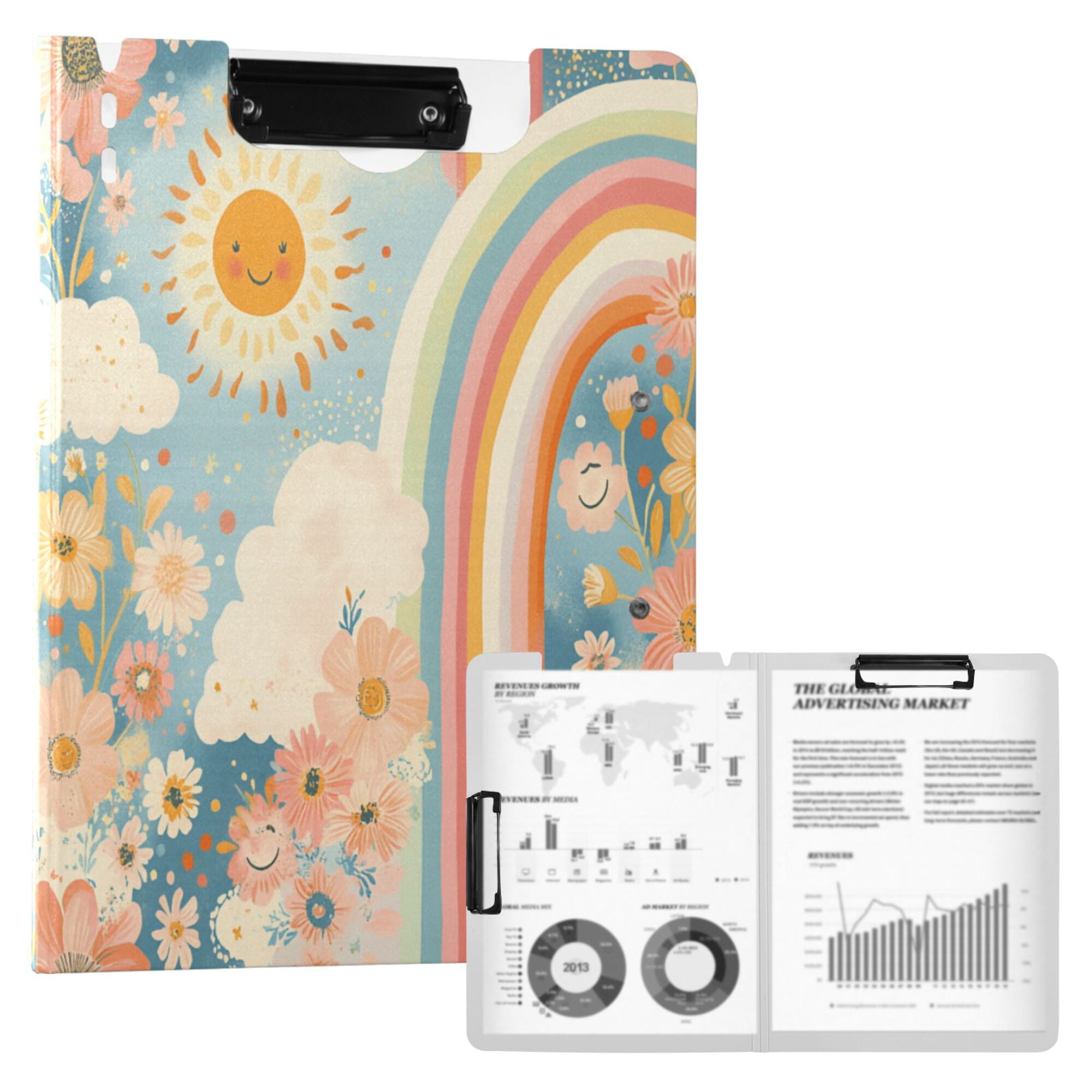 FORMRS A4 Clipboard Folder with Pen Holder Horizontal Foldable School Office Binder, Beige Rainbow Clouds