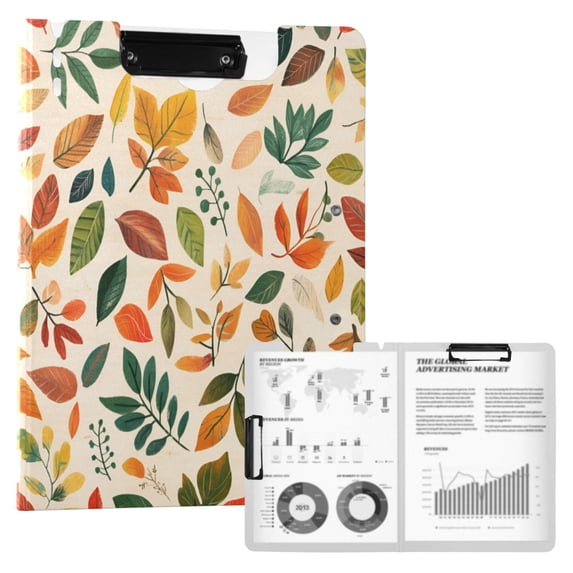 FORMRS A4 Clipboard Folder with Pen Holder Horizontal Foldable School Office Binder, Beige Retro Leaves