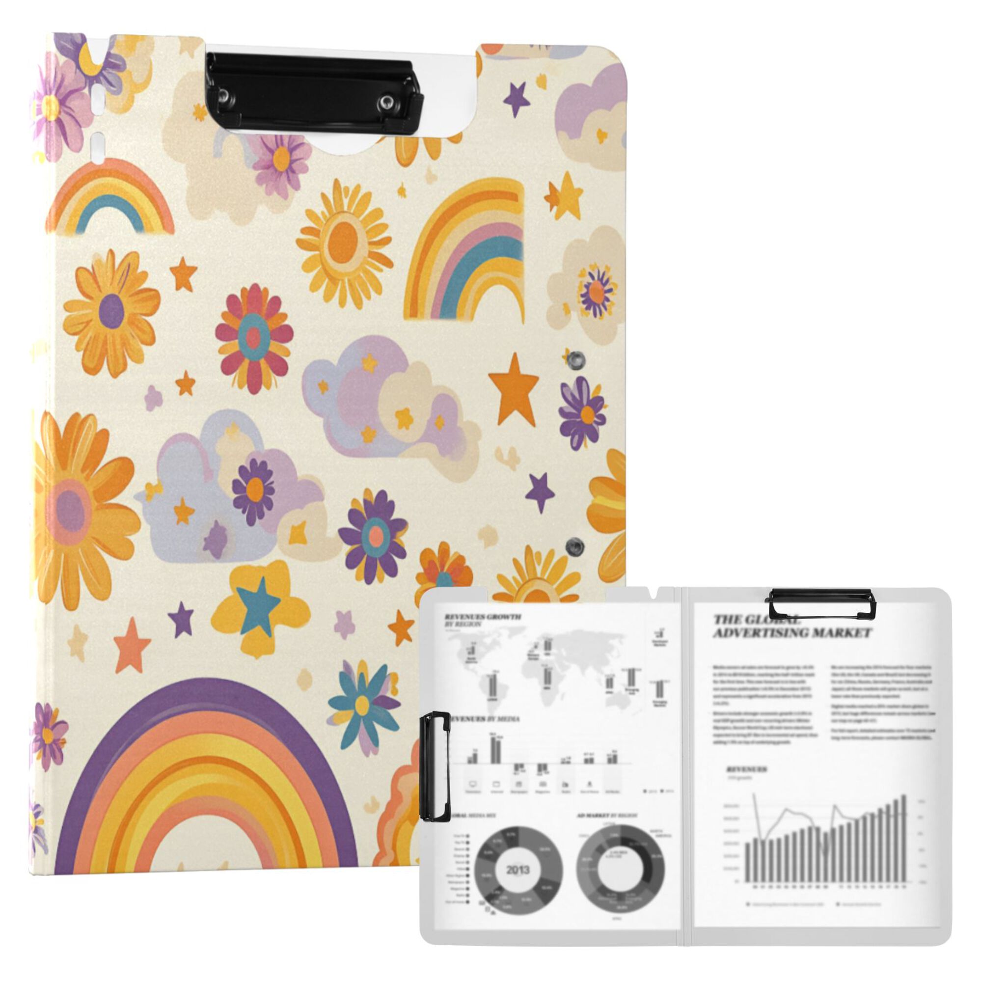 FORMRS A4 Clipboard Folder with Pen Holder Horizontal Foldable School Office Binder, Beige Retro Rainbow