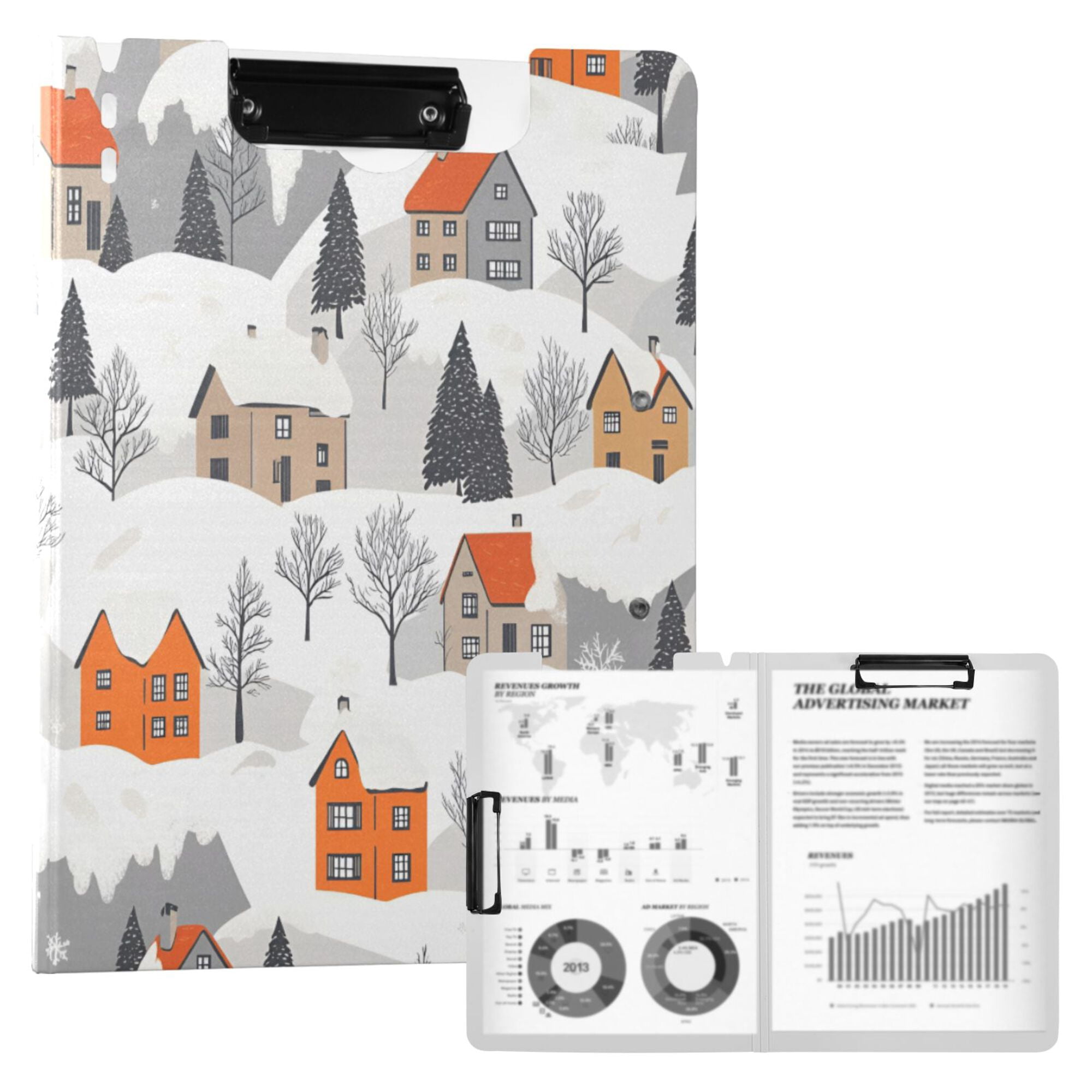 FORMRS A4 Clipboard Folder with Pen Holder Horizontal Foldable School Office Binder, Beige Snow Houses