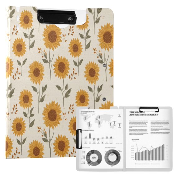 FORMRS A4 Clipboard Folder with Pen Holder Horizontal Foldable School Office Binder, Beige Sunflower Pattern