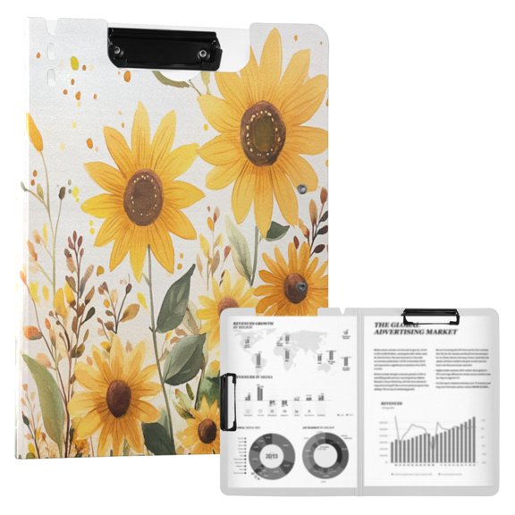 FORMRS A4 Clipboard Folder with Pen Holder Horizontal Foldable School Office Binder, Beige Sunflowers