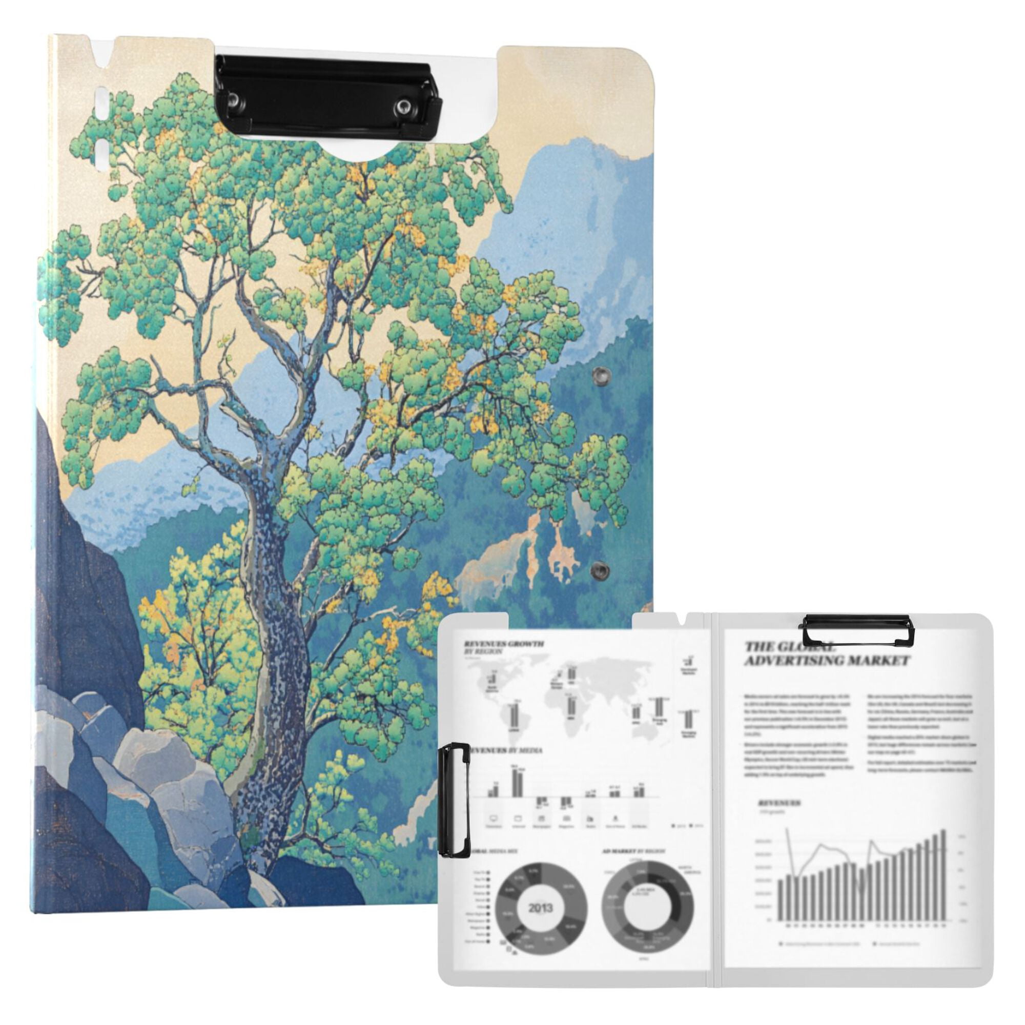 FORMRS A4 Clipboard Folder with Pen Holder Horizontal Foldable School Office Binder, Beige Tree