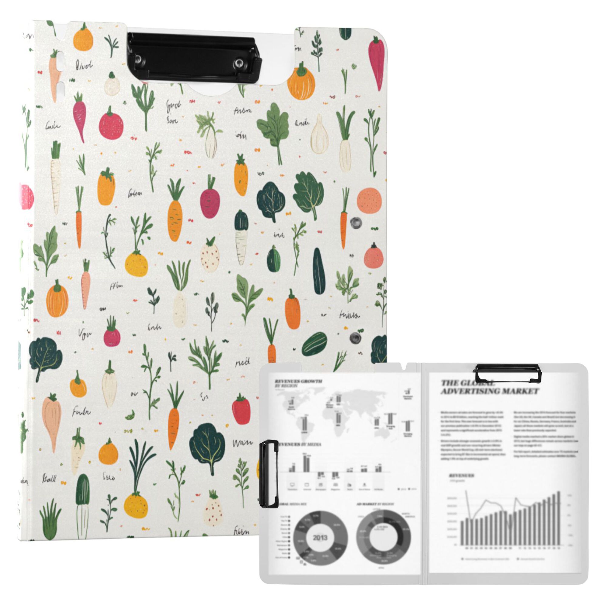 FORMRS A4 Clipboard Folder with Pen Holder Horizontal Foldable School Office Binder, Beige Vegetables Pattern