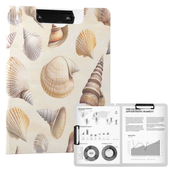 FORMRS A4 Clipboard Folder with Pen Holder Horizontal Foldable School Office Binder, Beige Watercolor Seashells