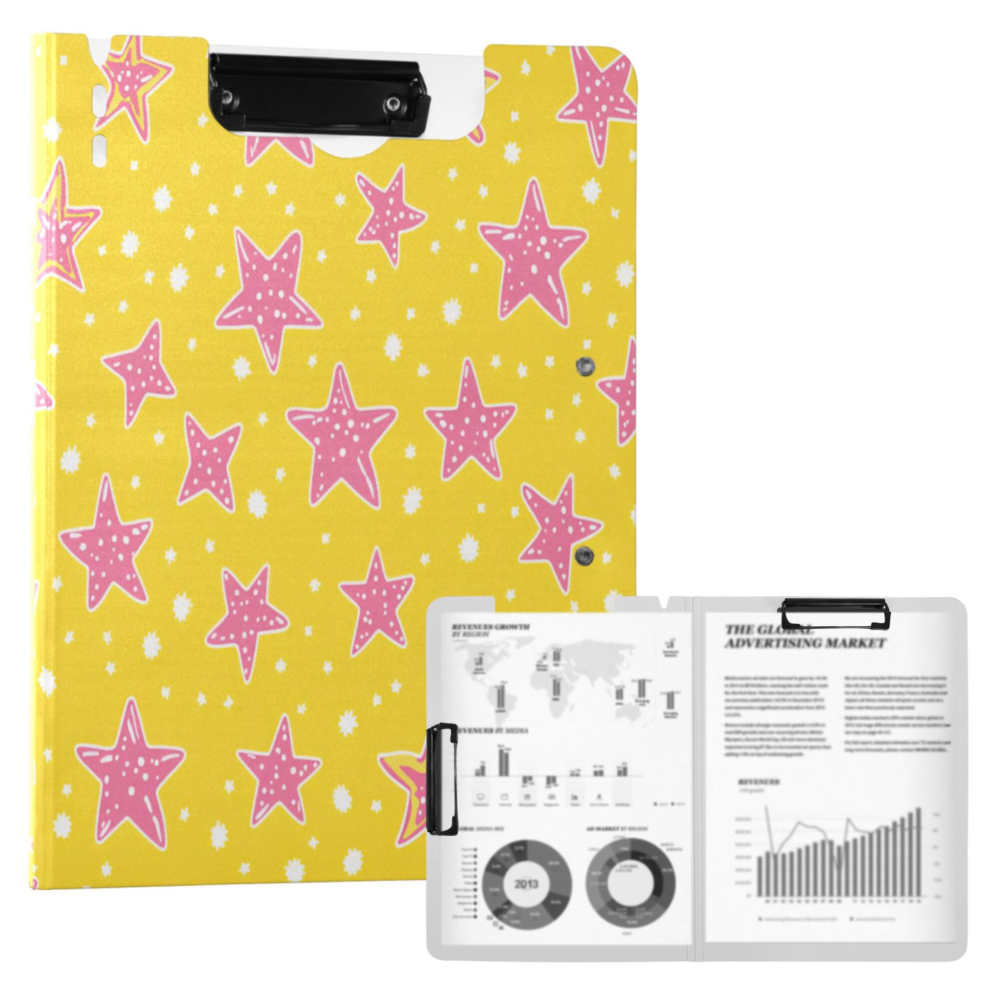 FORMRS A4 Clipboard Folder with Pen Holder Horizontal Foldable School Office Binder, Big Pink Stars Pattern