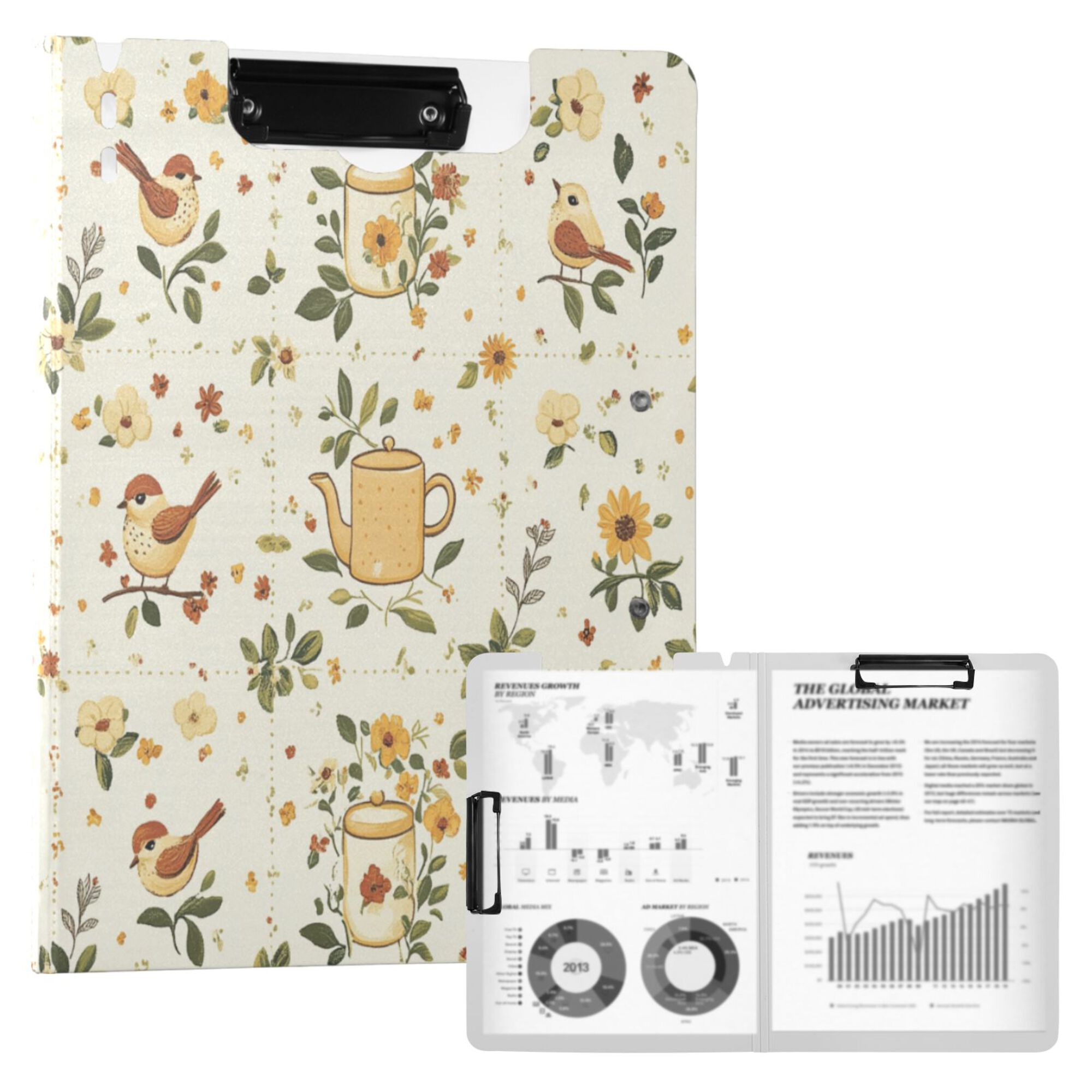 FORMRS A4 Clipboard Folder with Pen Holder Horizontal Foldable School Office Binder, Birds Sunflowers