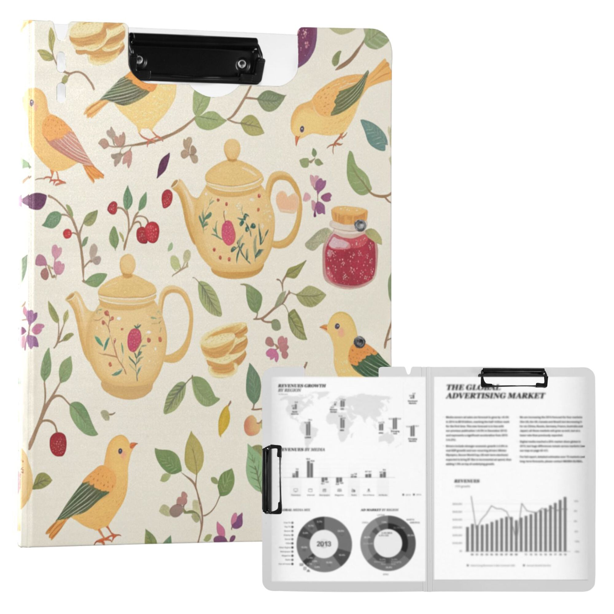 FORMRS A4 Clipboard Folder with Pen Holder Horizontal Foldable School Office Binder, Birds Tea Time