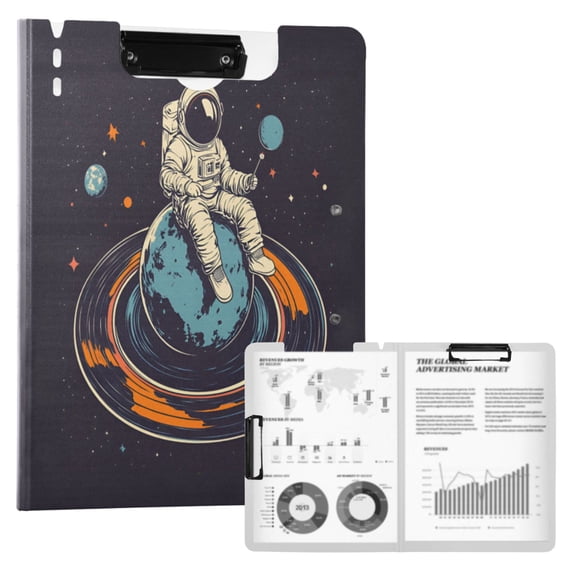 FORMRS A4 Clipboard Folder with Pen Holder Horizontal Foldable School Office Binder, Black Astronaut Record