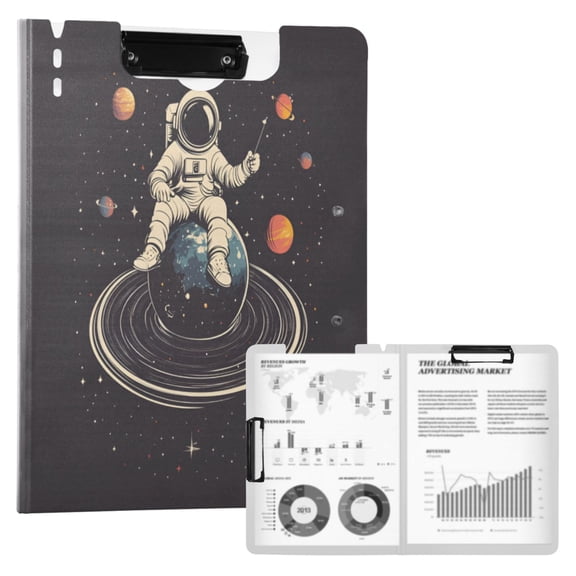 FORMRS A4 Clipboard Folder with Pen Holder Horizontal Foldable School Office Binder, Black Astronaut Space