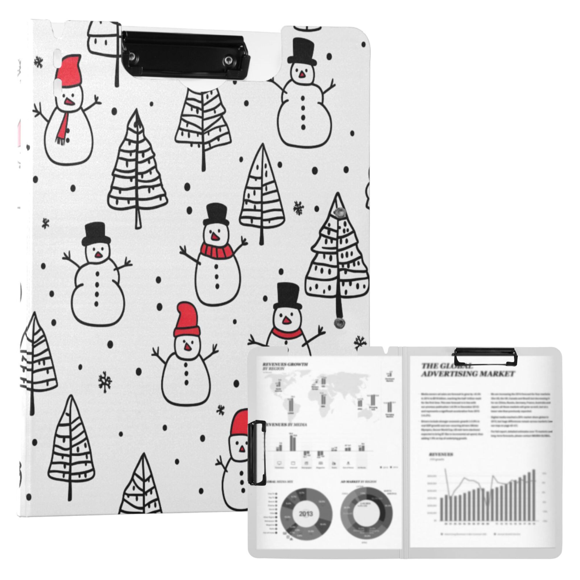 FORMRS A4 Clipboard Folder with Pen Holder Horizontal Foldable School Office Binder, Black Cartoon Snowmen