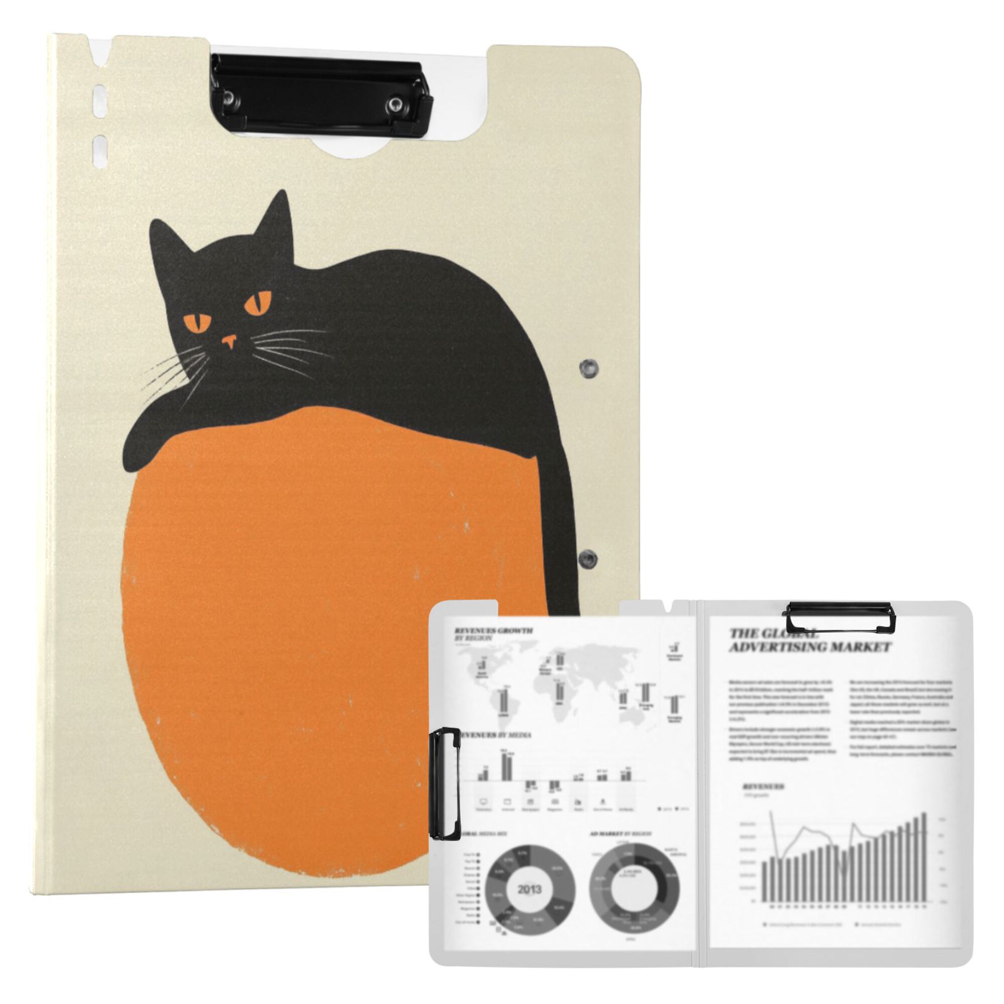 FORMRS A4 Clipboard Folder with Pen Holder Horizontal Foldable School Office Binder, Black Cat Orange Ball