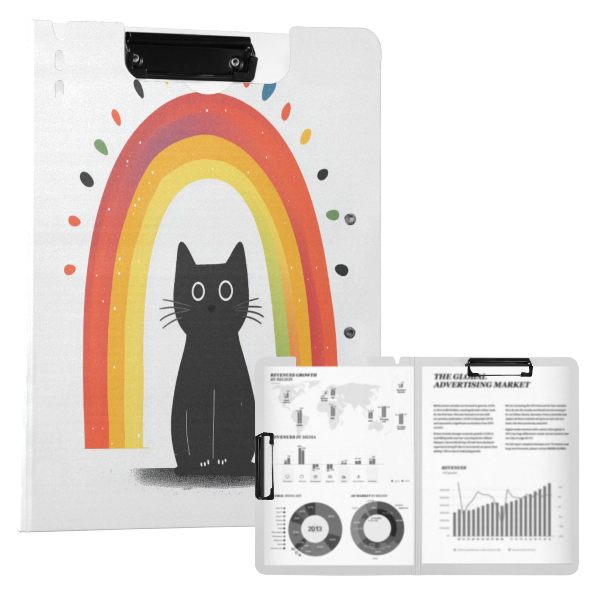 FORMRS A4 Clipboard Folder with Pen Holder Horizontal Foldable School Office Binder, Black Cat Rainbow