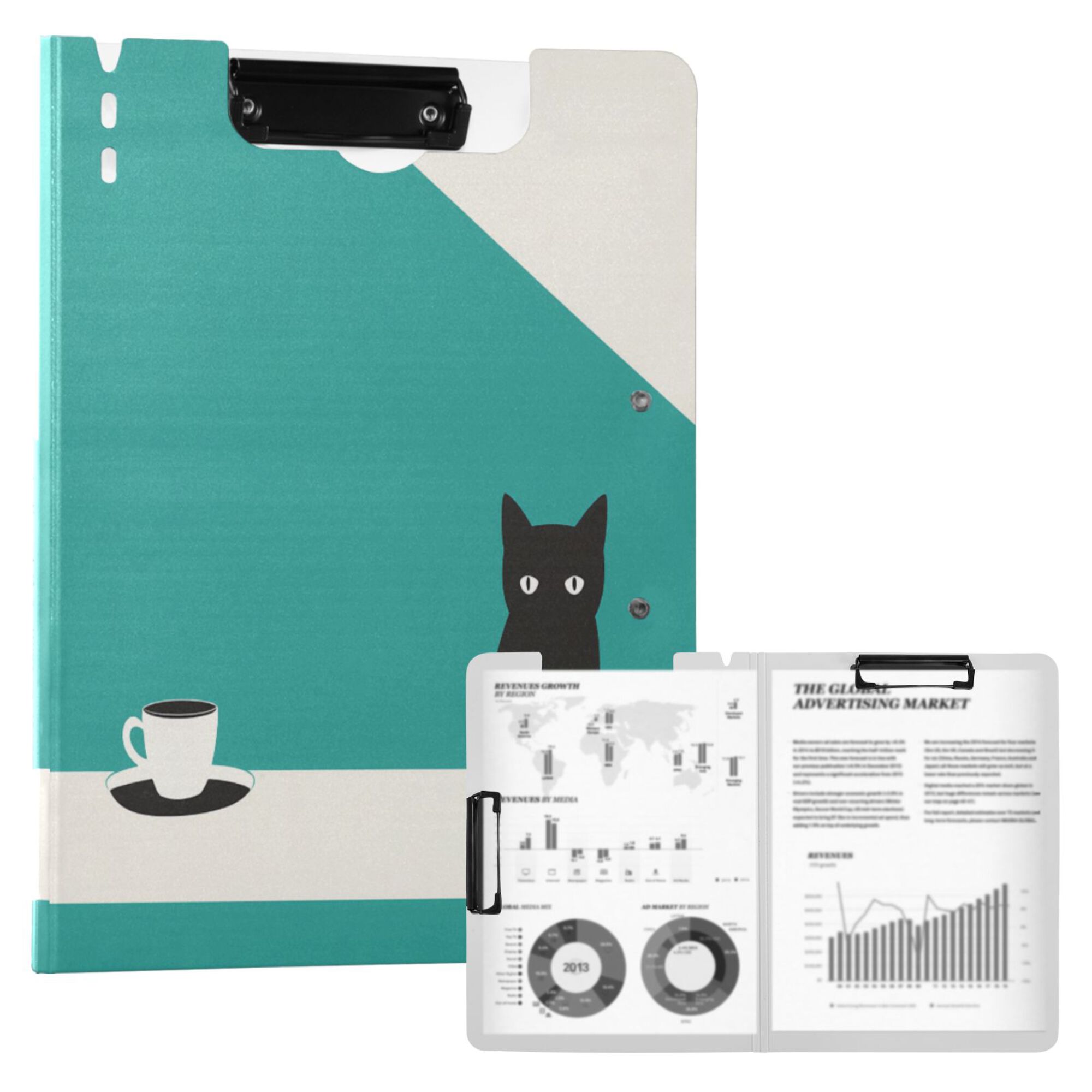 FORMRS A4 Clipboard Folder with Pen Holder Horizontal Foldable School Office Binder, Black Cat and Coffee