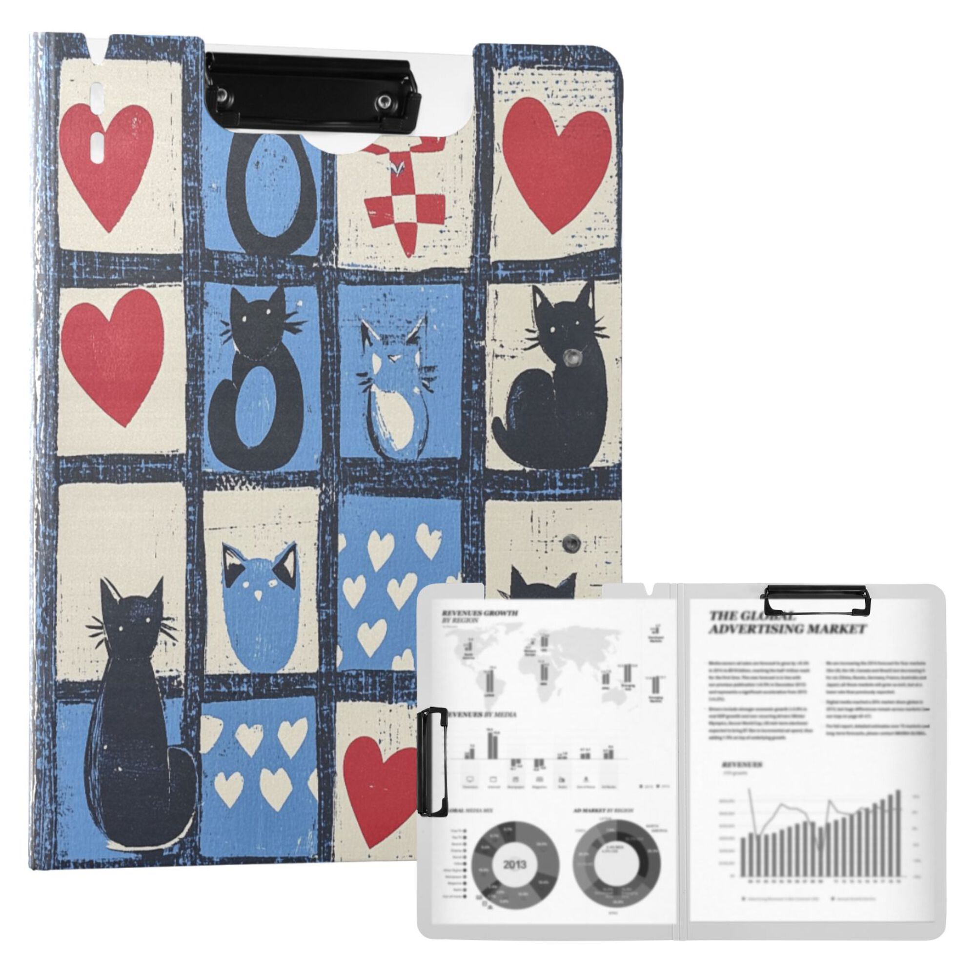 FORMRS A4 Clipboard Folder with Pen Holder Horizontal Foldable School Office Binder, Black Cats and Hearts