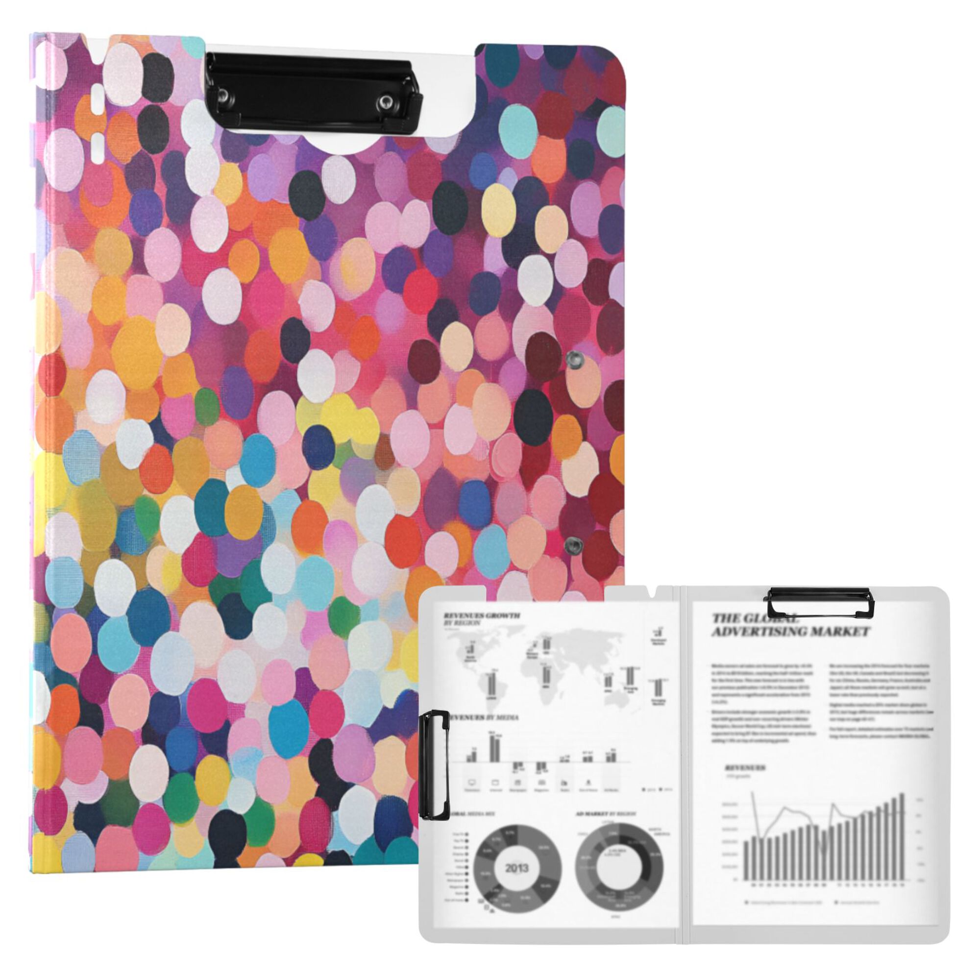 FORMRS A4 Clipboard Folder with Pen Holder Horizontal Foldable School Office Binder, Black Colorful Circles