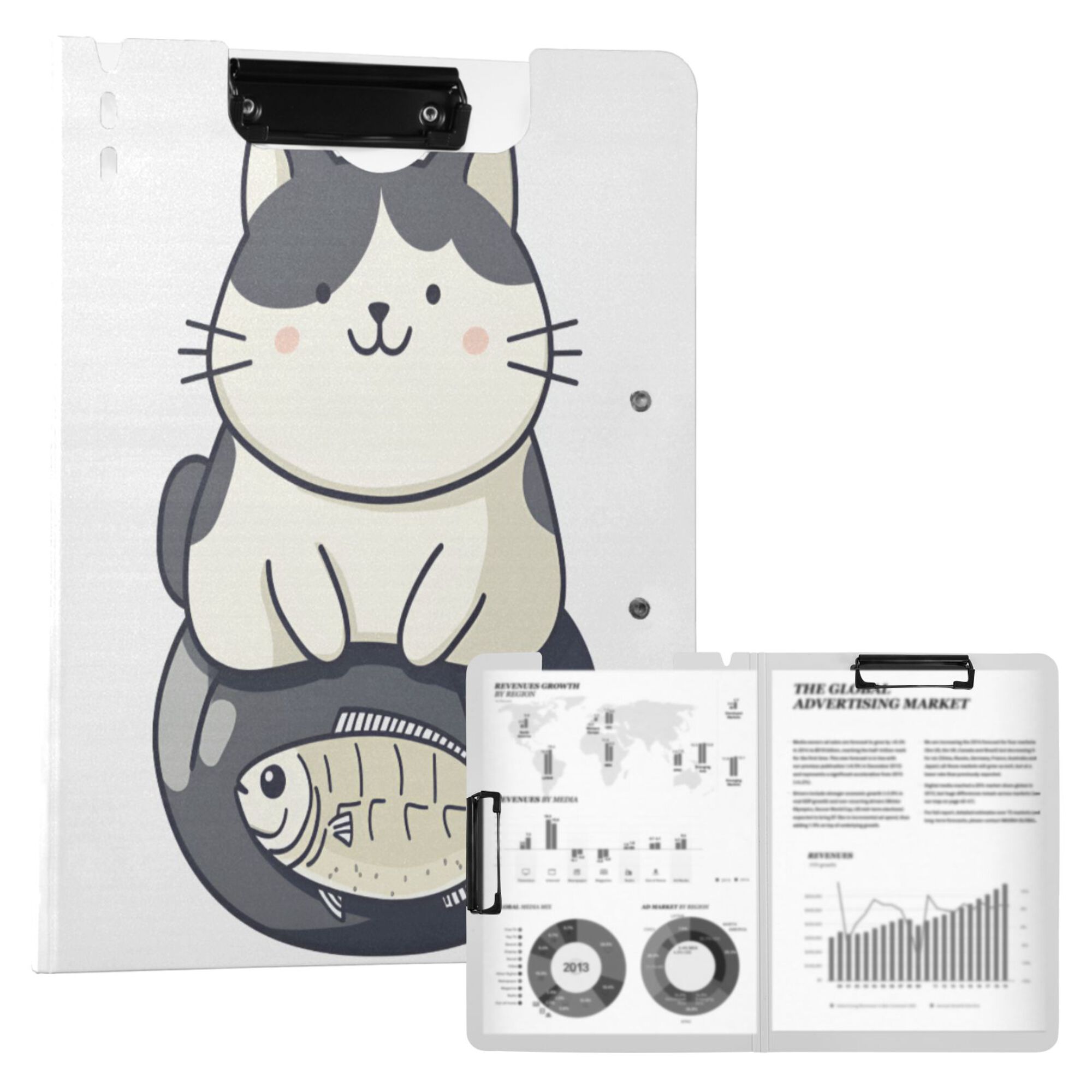FORMRS A4 Clipboard Folder with Pen Holder Horizontal Foldable School Office Binder, Black Cute Cat