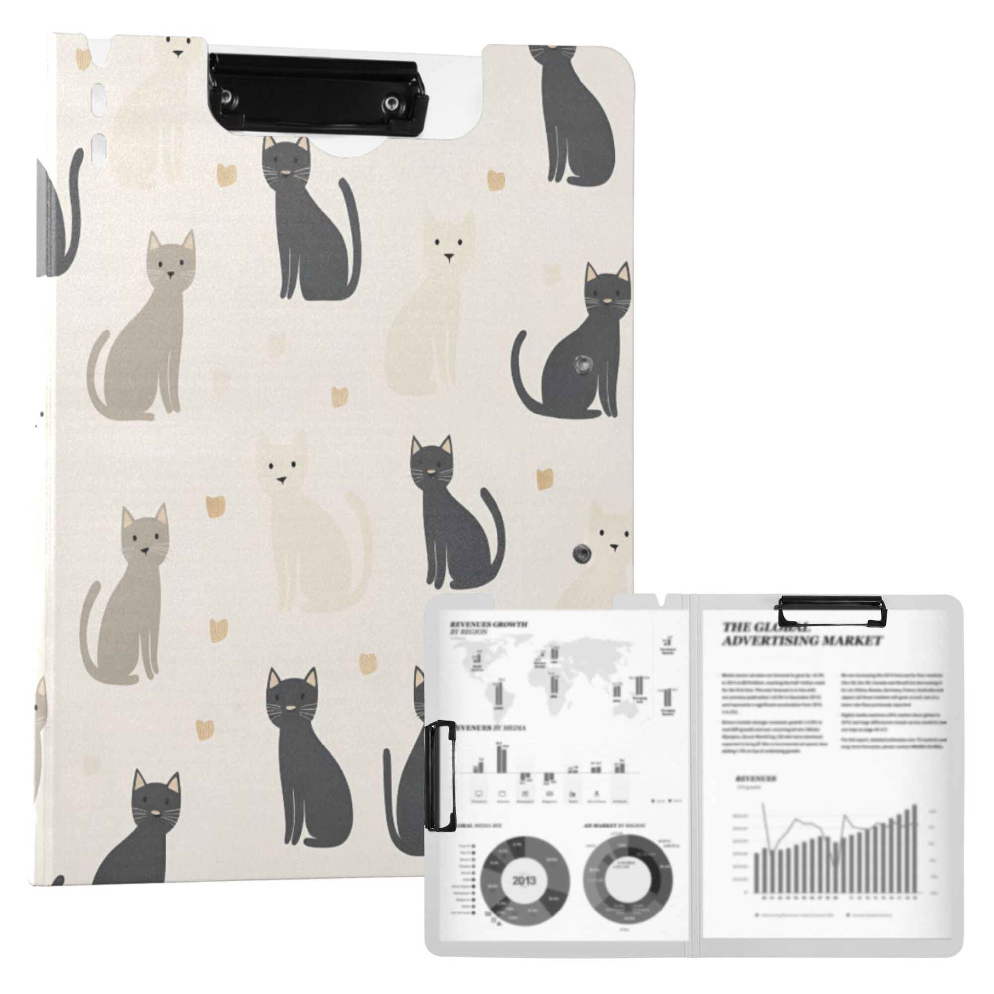 FORMRS A4 Clipboard Folder with Pen Holder Horizontal Foldable School Office Binder, Black Cute Cats