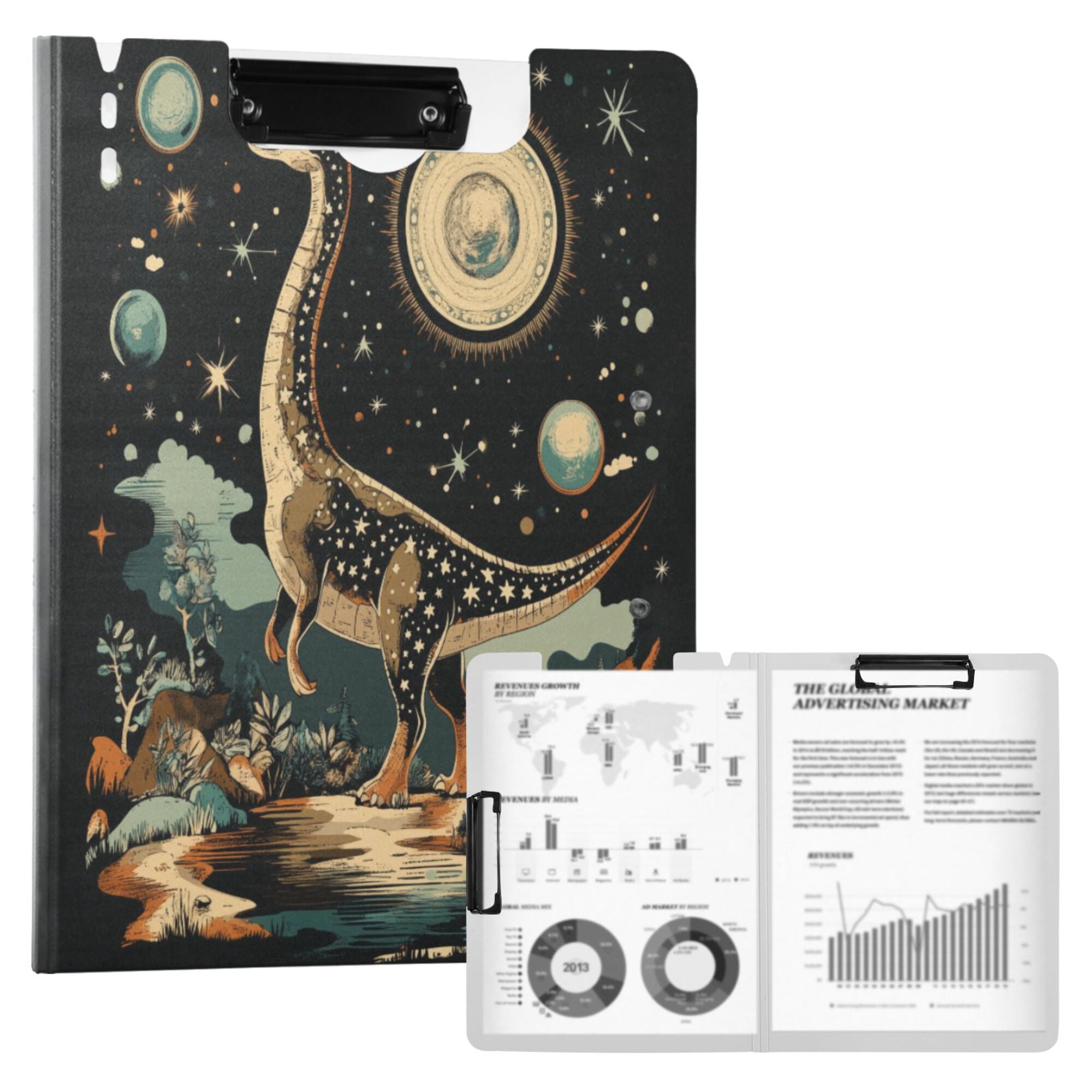 FORMRS A4 Clipboard Folder with Pen Holder Horizontal Foldable School Office Binder, Black Dinosaur