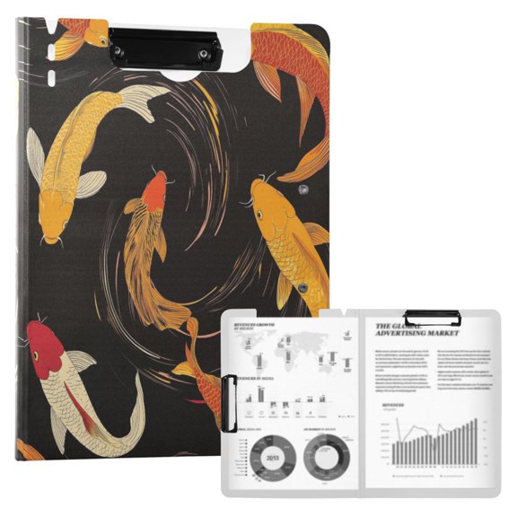 FORMRS A4 Clipboard Folder with Pen Holder Horizontal Foldable School Office Binder, Black Fish Pattern