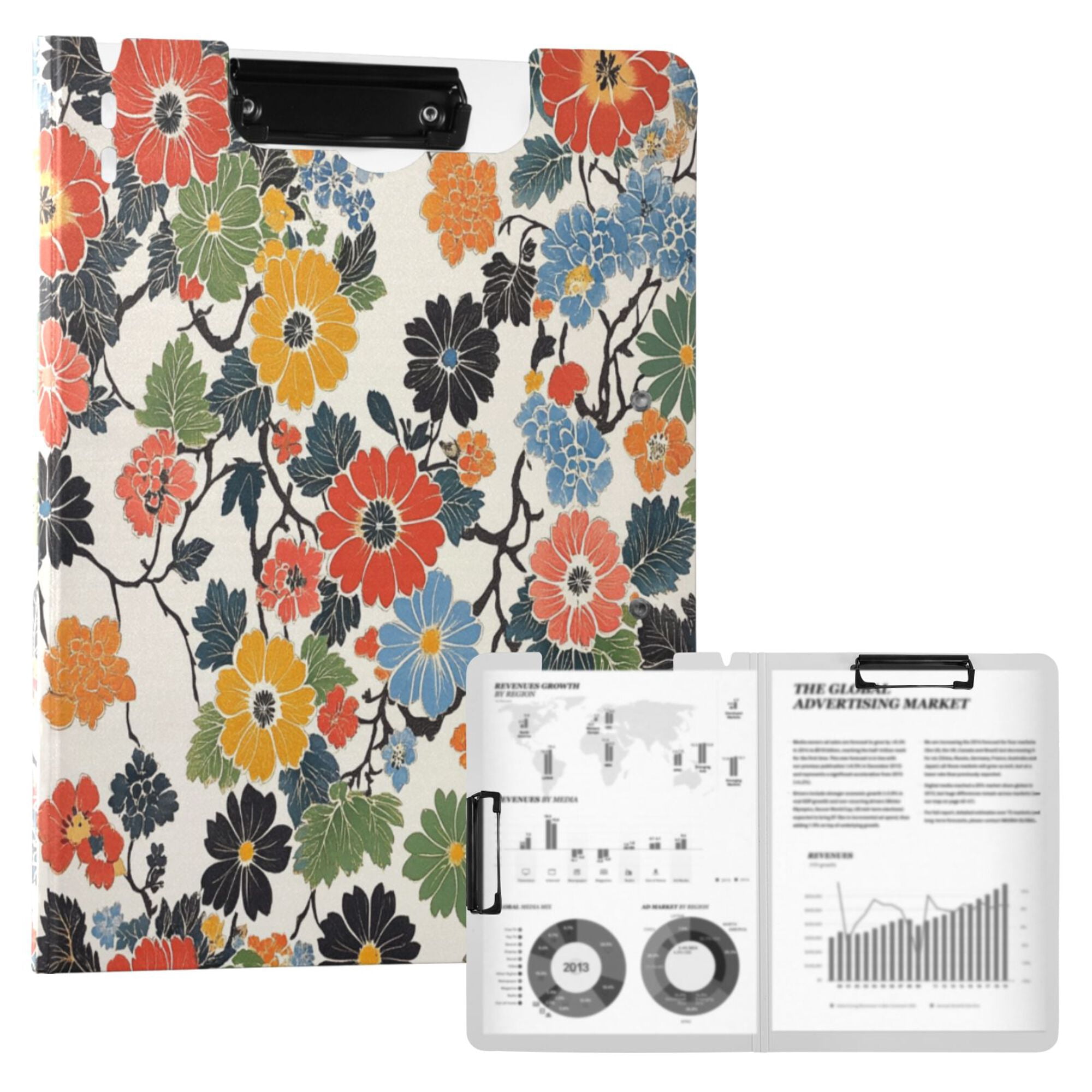 FORMRS A4 Clipboard Folder with Pen Holder Horizontal Foldable School Office Binder, Black Flowers Pattern