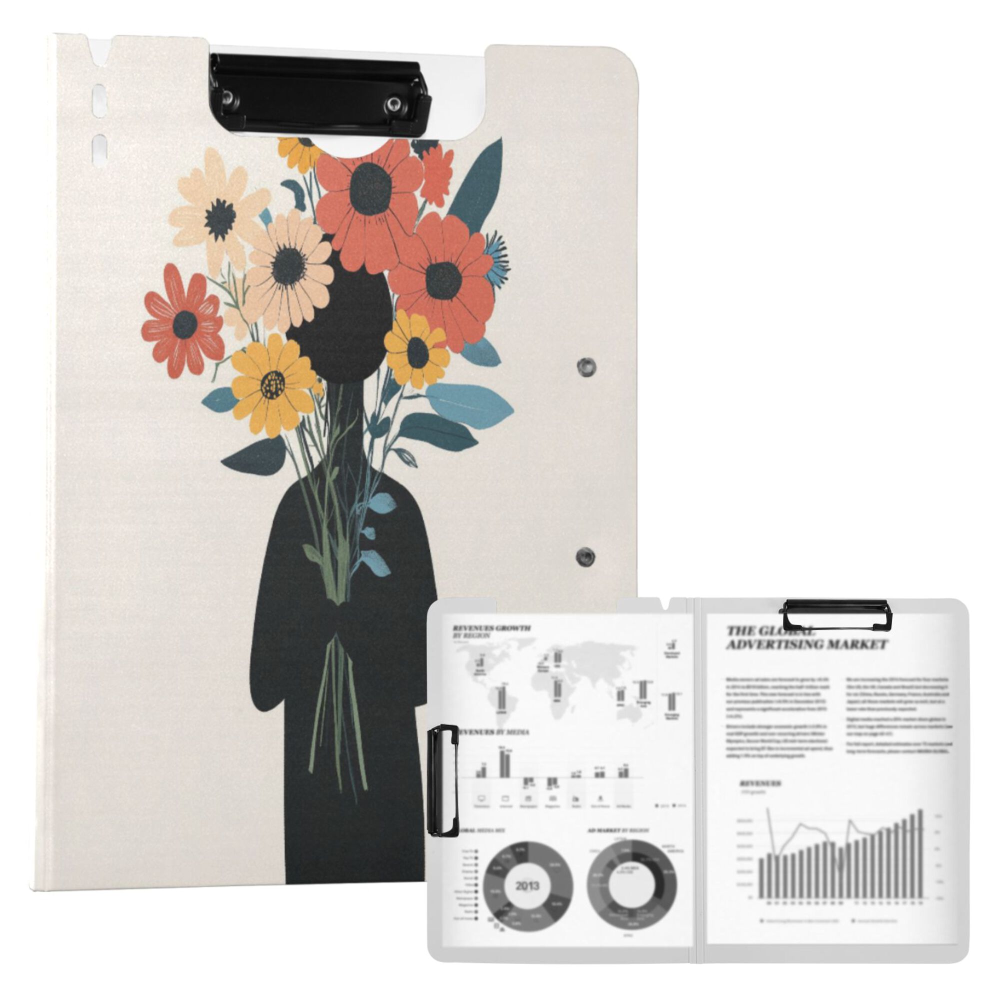 FORMRS A4 Clipboard Folder with Pen Holder Horizontal Foldable School Office Binder, Black Flowers