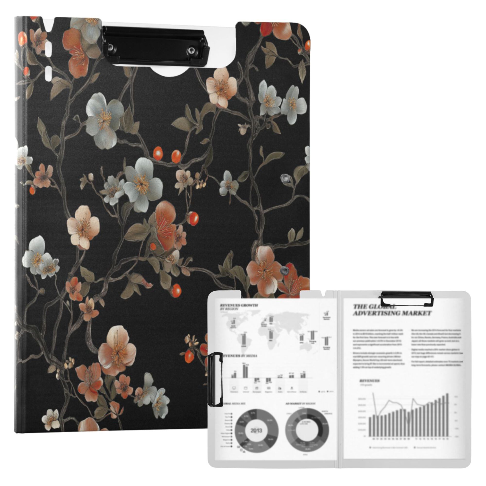 FORMRS A4 Clipboard Folder with Pen Holder Horizontal Foldable School Office Binder, Black Flowers