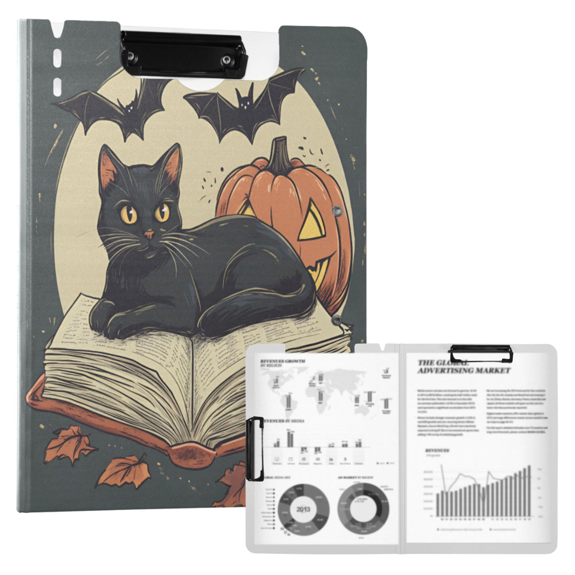 FORMRS A4 Clipboard Folder with Pen Holder Horizontal Foldable School Office Binder, Black Halloween Cat
