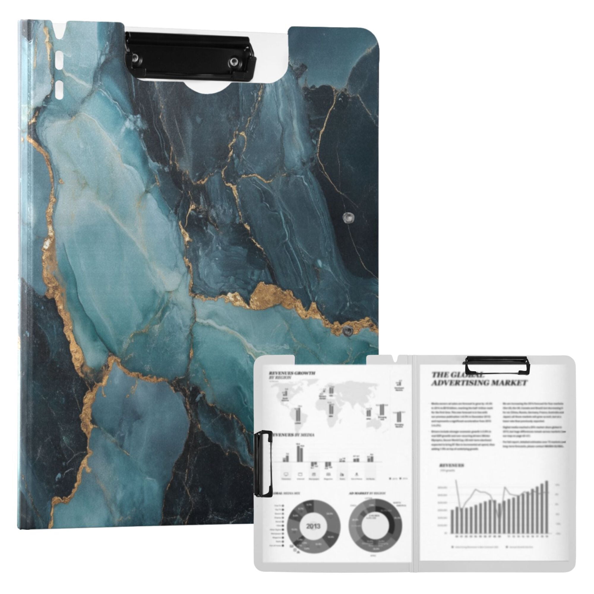 FORMRS A4 Clipboard Folder with Pen Holder Horizontal Foldable School Office Binder, Black Marble