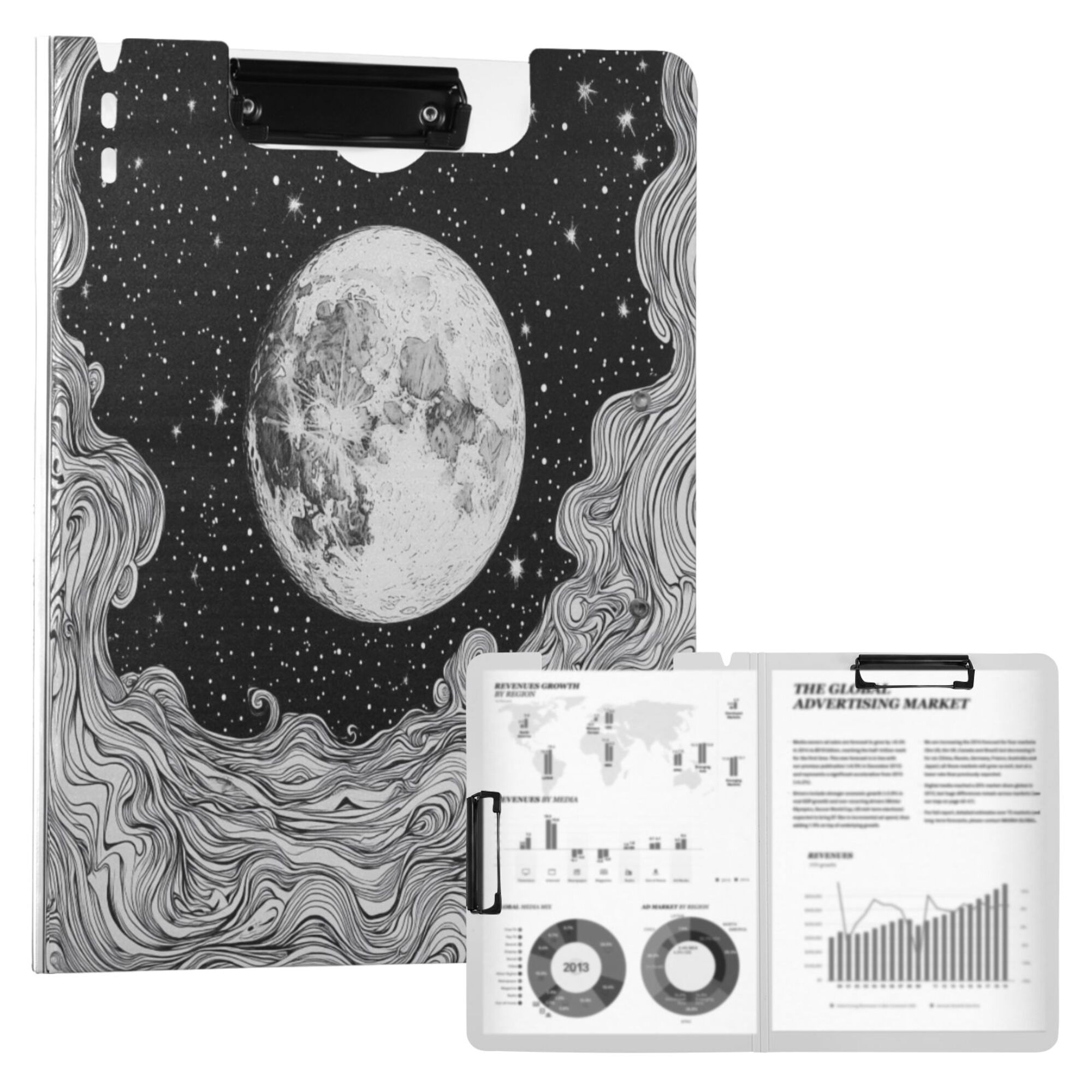 FORMRS A4 Clipboard Folder with Pen Holder Horizontal Foldable School Office Binder, Black Moon