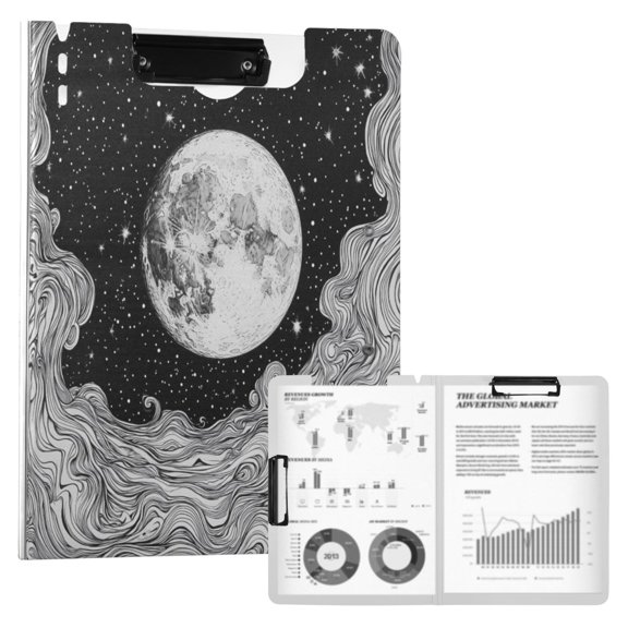 FORMRS A4 Clipboard Folder with Pen Holder Horizontal Foldable School Office Binder, Black Moon