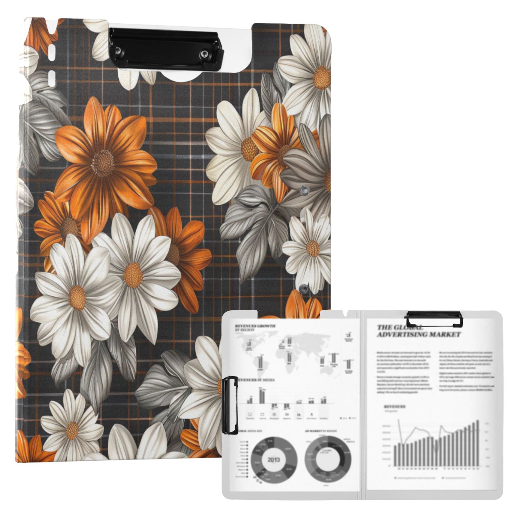 FORMRS A4 Clipboard Folder with Pen Holder Horizontal Foldable School Office Binder, Black Plaid Floral