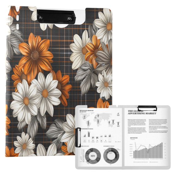 FORMRS A4 Clipboard Folder with Pen Holder Horizontal Foldable School Office Binder, Black Plaid Floral