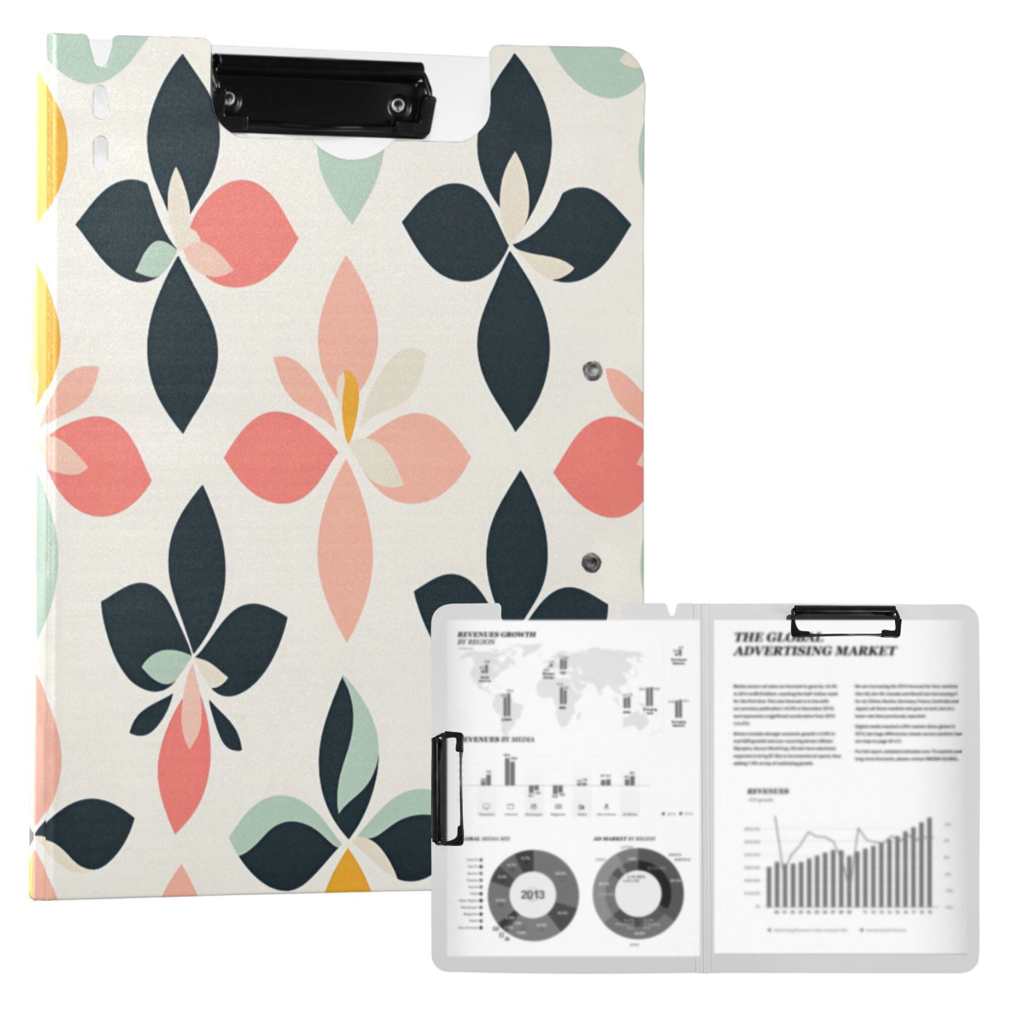 FORMRS A4 Clipboard Folder with Pen Holder Horizontal Foldable School Office Binder, Black Retro Flower