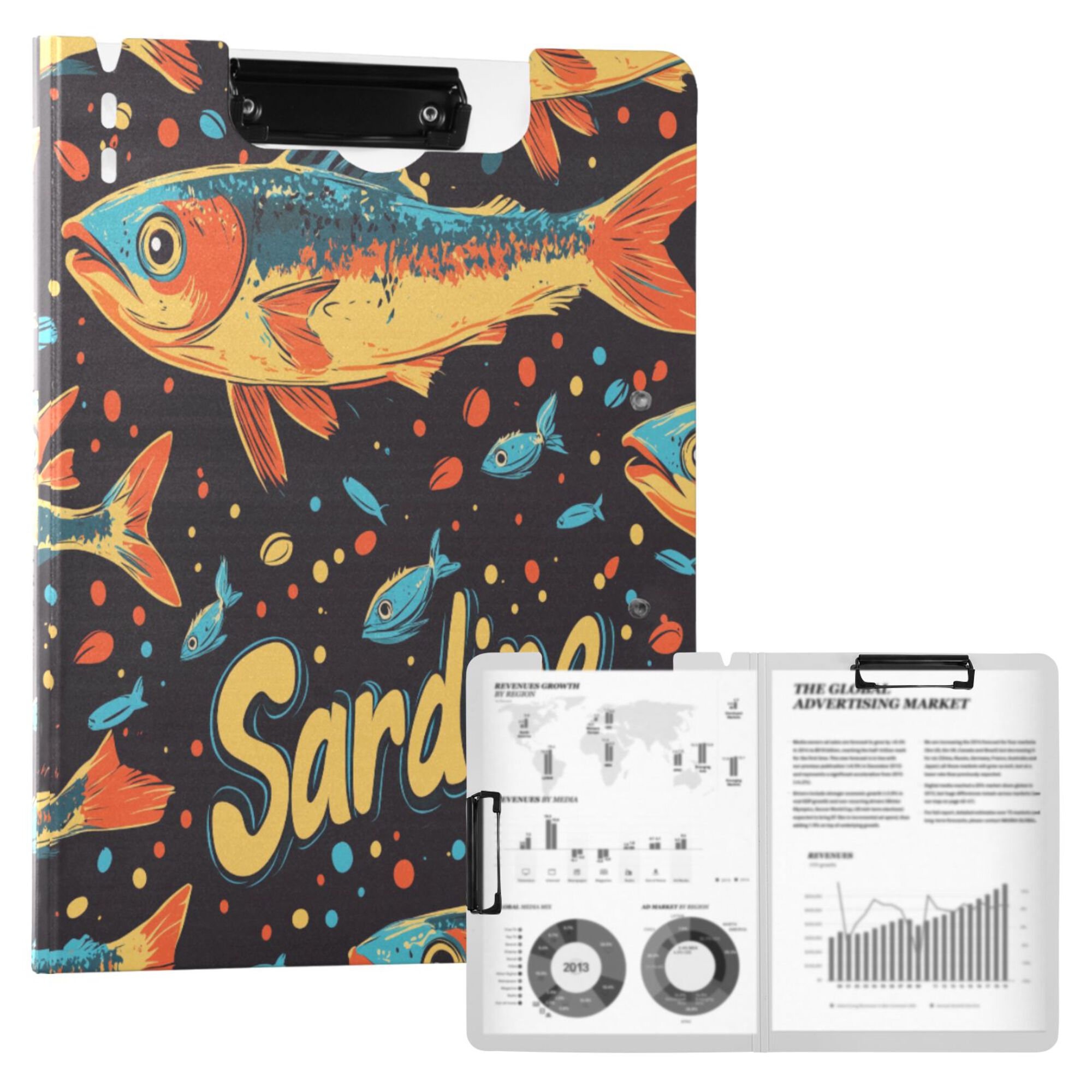 FORMRS A4 Clipboard Folder with Pen Holder Horizontal Foldable School Office Binder, Black Sardines Pattern