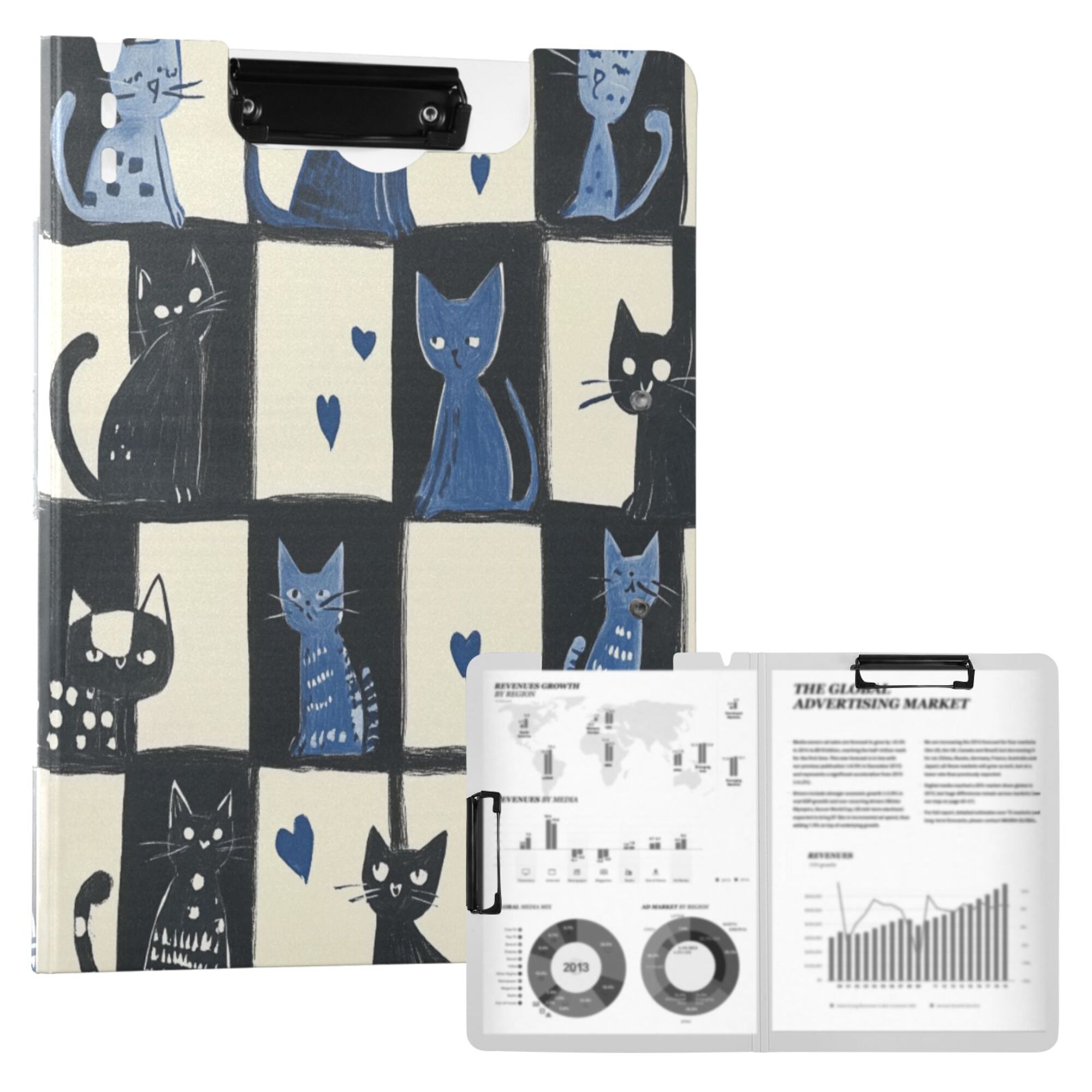 FORMRS A4 Clipboard Folder with Pen Holder Horizontal Foldable School Office Binder, Black and Blue Cat