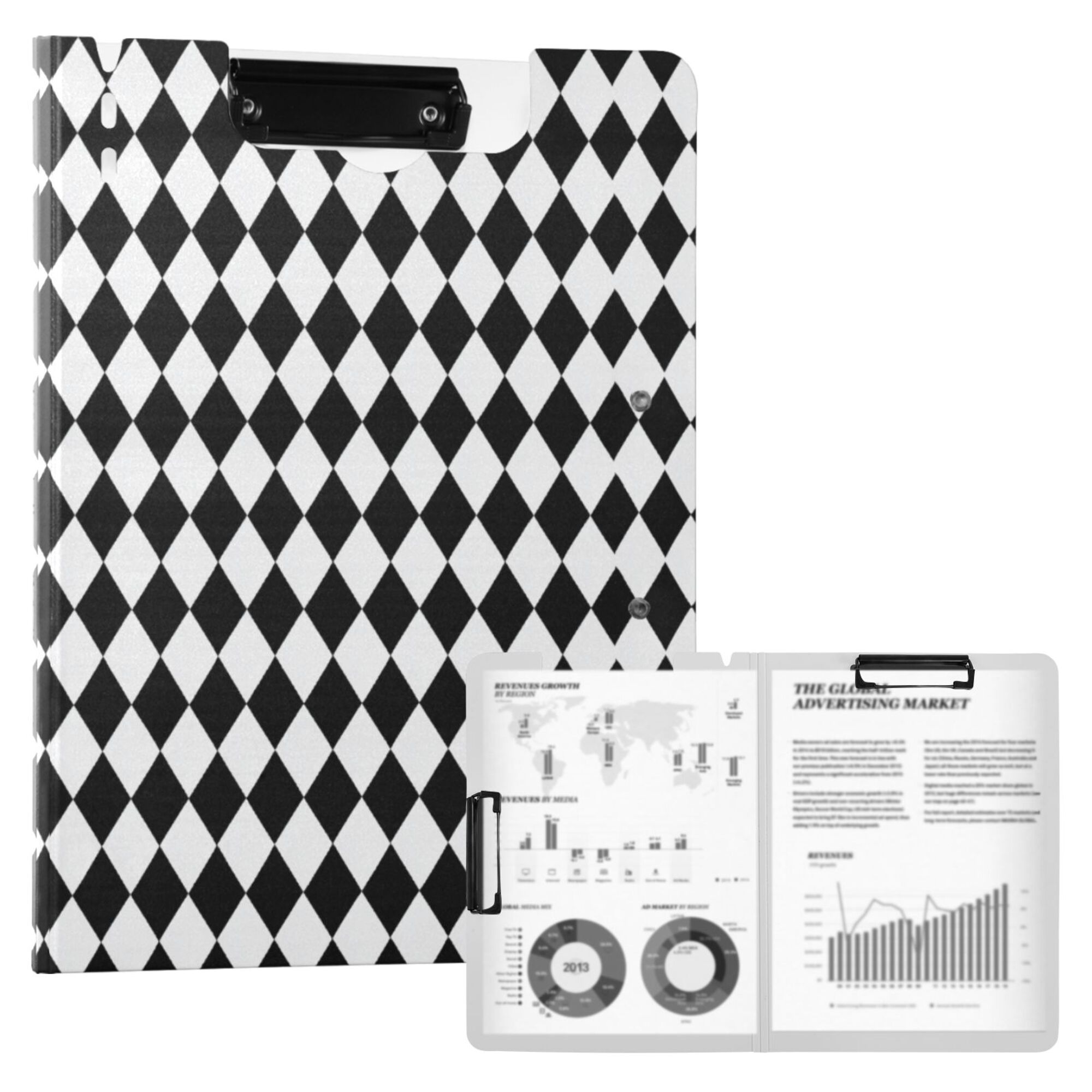 FORMRS A4 Clipboard Folder with Pen Holder Horizontal Foldable School Office Binder, Black and White Geometric