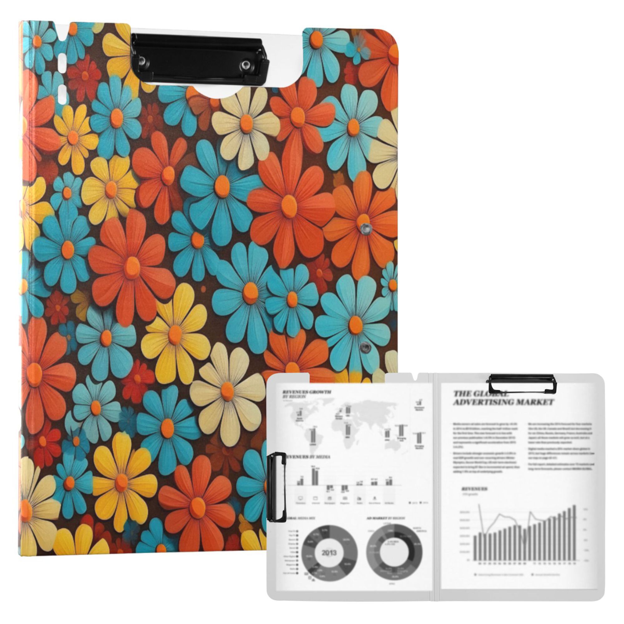 FORMRS A4 Clipboard Folder with Pen Holder Horizontal Foldable School Office Binder, Blooming Flowers