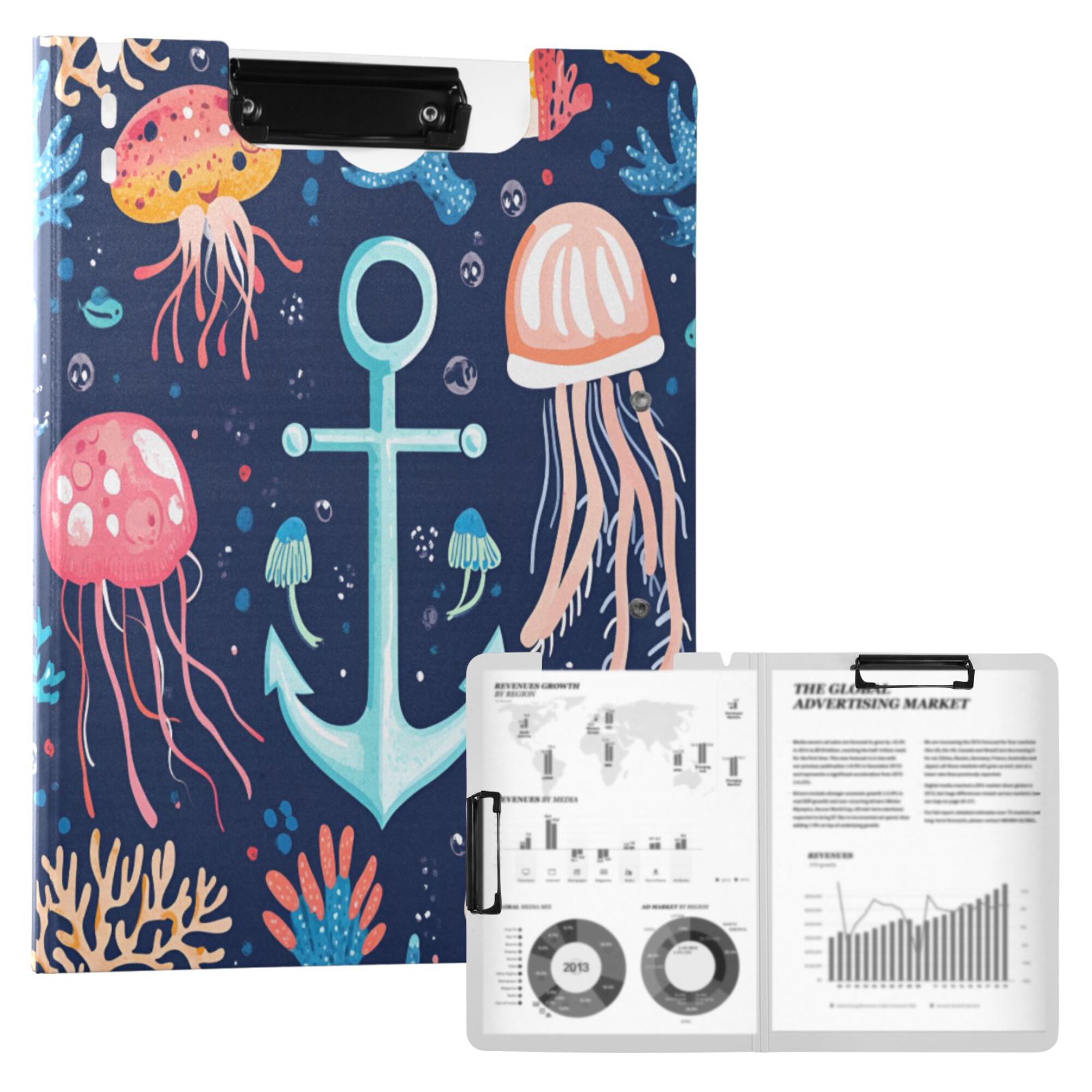 FORMRS A4 Clipboard Folder with Pen Holder Horizontal Foldable School Office Binder, Blue Anchor
