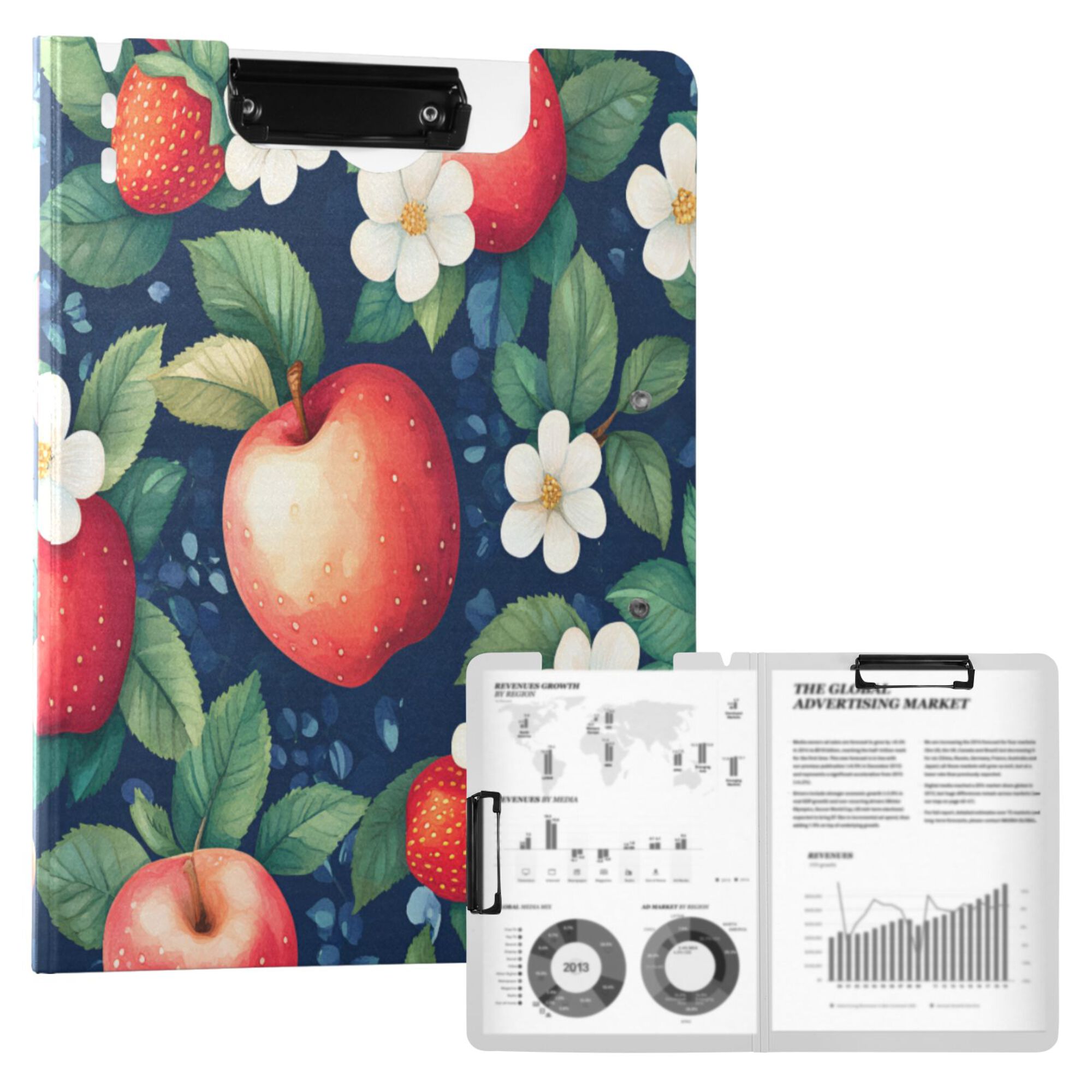 FORMRS A4 Clipboard Folder with Pen Holder Horizontal Foldable School Office Binder, Blue Apple Pattern