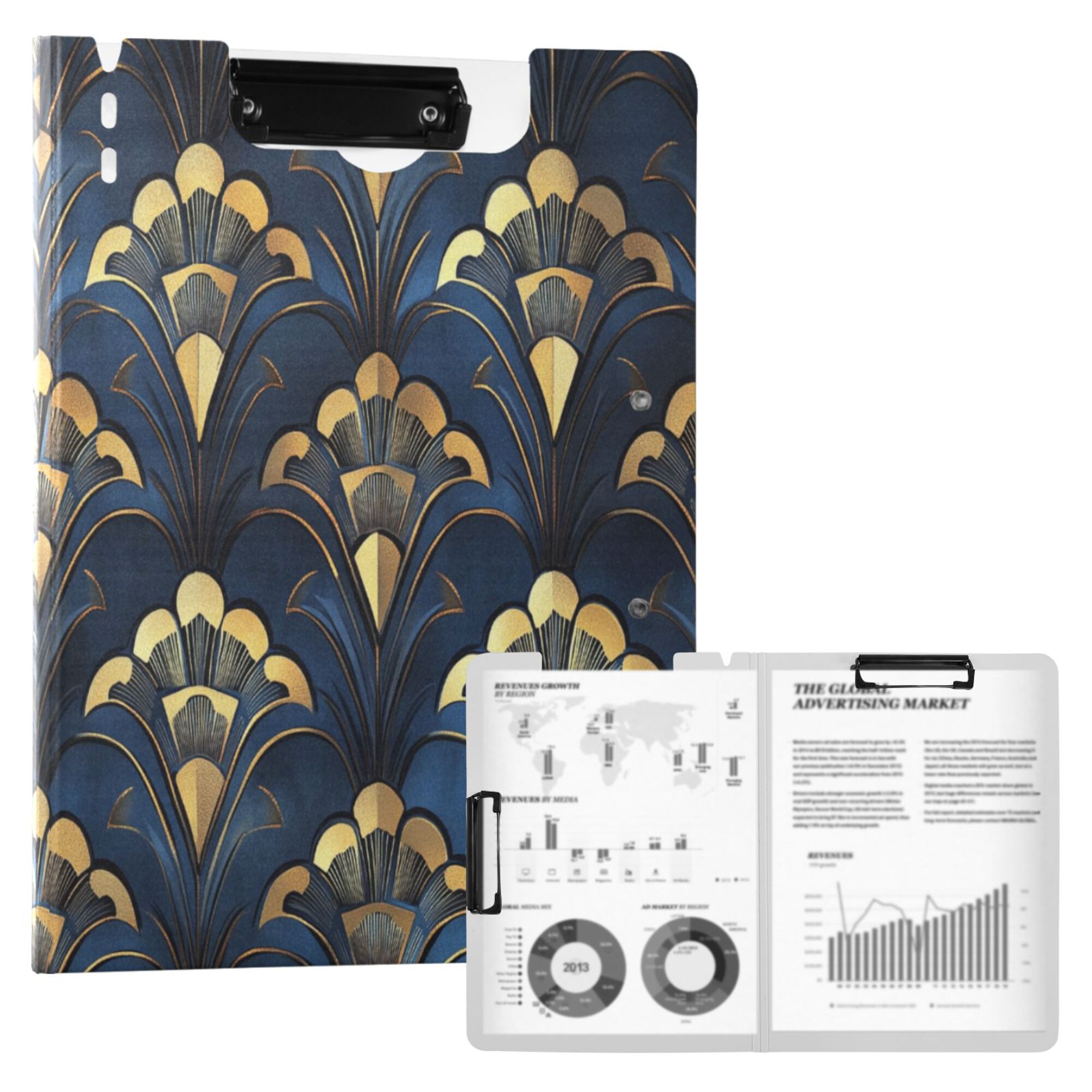 FORMRS A4 Clipboard Folder with Pen Holder Horizontal Foldable School Office Binder, Blue Art Pattern