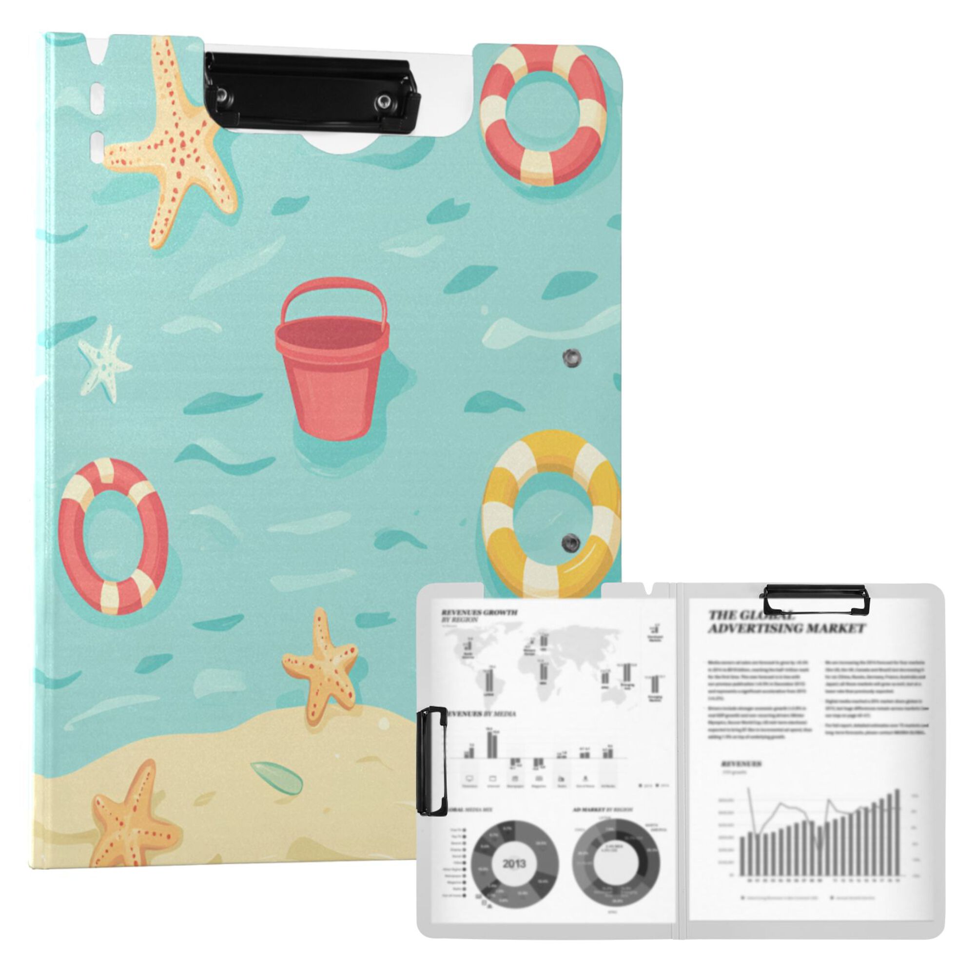 FORMRS A4 Clipboard Folder with Pen Holder Horizontal Foldable School Office Binder, Blue Beach Pattern