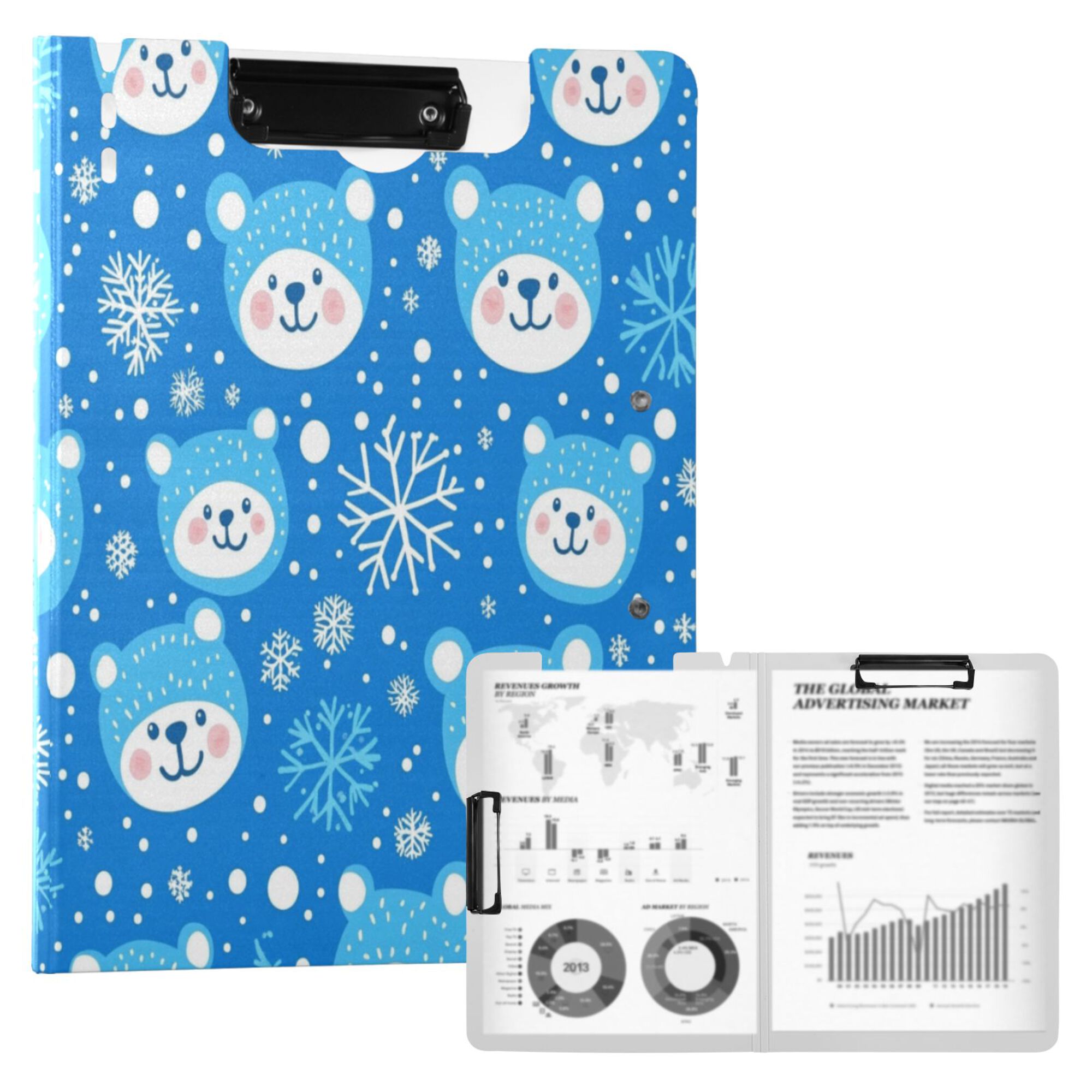 FORMRS A4 Clipboard Folder with Pen Holder Horizontal Foldable School Office Binder, Blue Bears