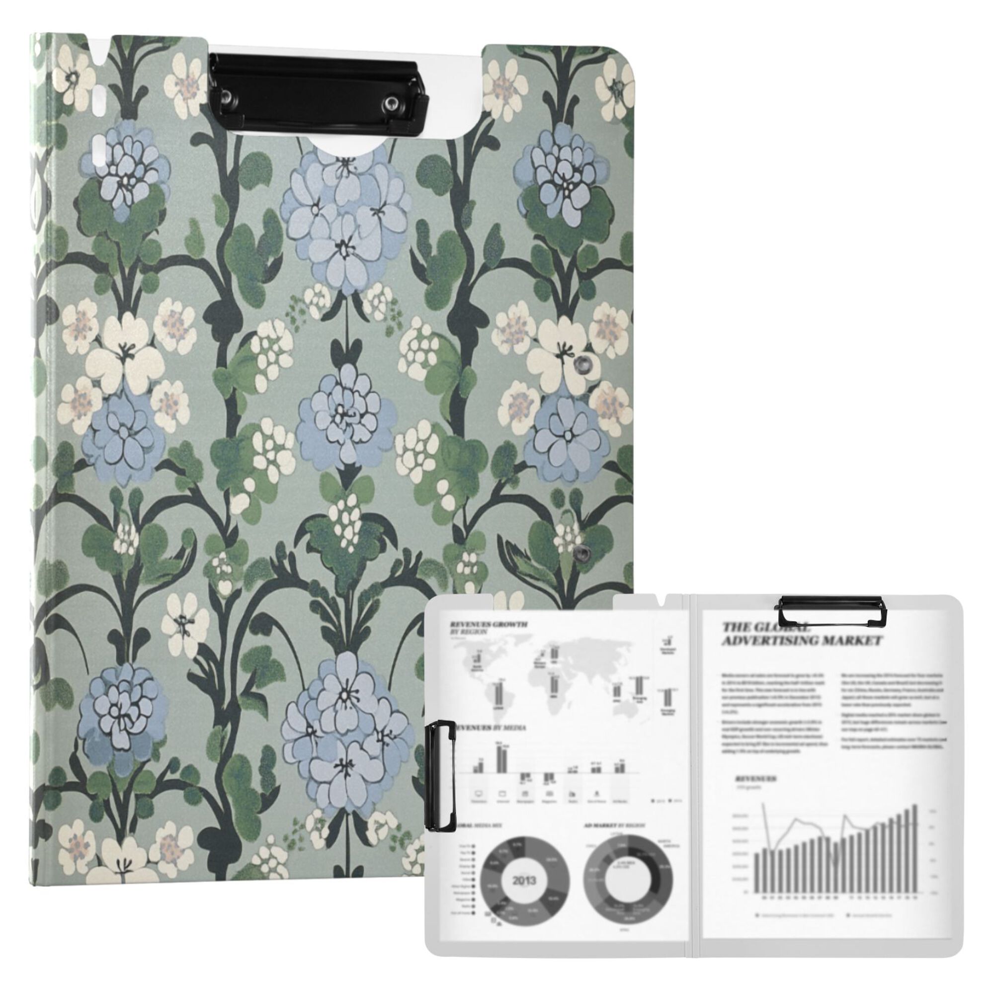 FORMRS A4 Clipboard Folder with Pen Holder Horizontal Foldable School Office Binder, Blue Blossom