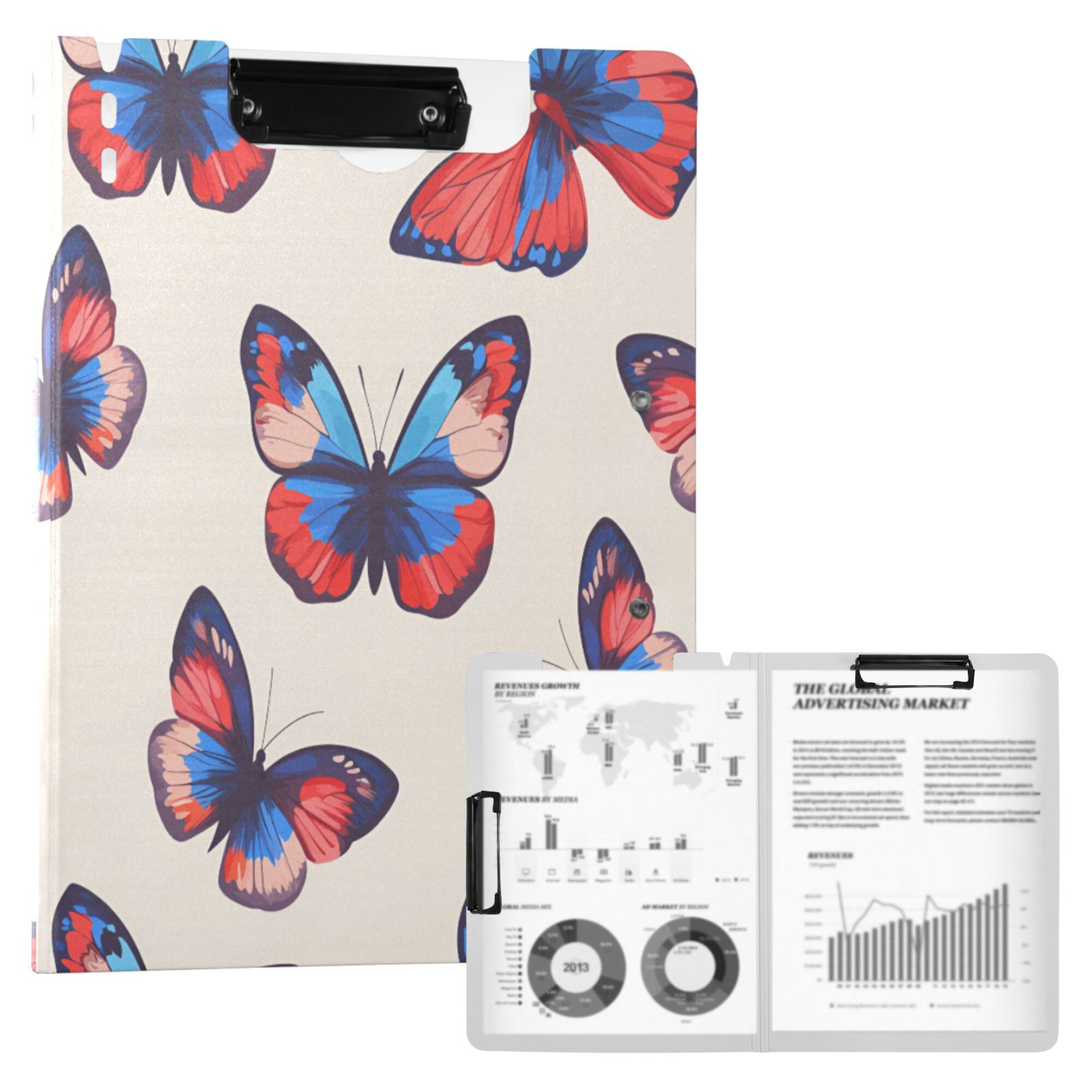 FORMRS A4 Clipboard Folder with Pen Holder Horizontal Foldable School Office Binder, Blue Butterflies